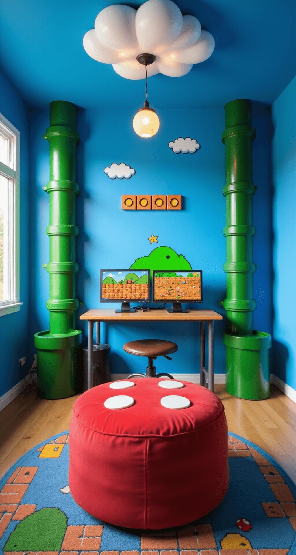 A vibrant Mario-inspired gaming room featuring blue walls, green pipe shelving, a cloud-shaped light fixture above a red mushroom ottoman, an interactive projection of a Mario level, a question block desk with dual monitors, and a pixelated area rug. The wide-angle view captures the energetic and imaginative atmosphere.