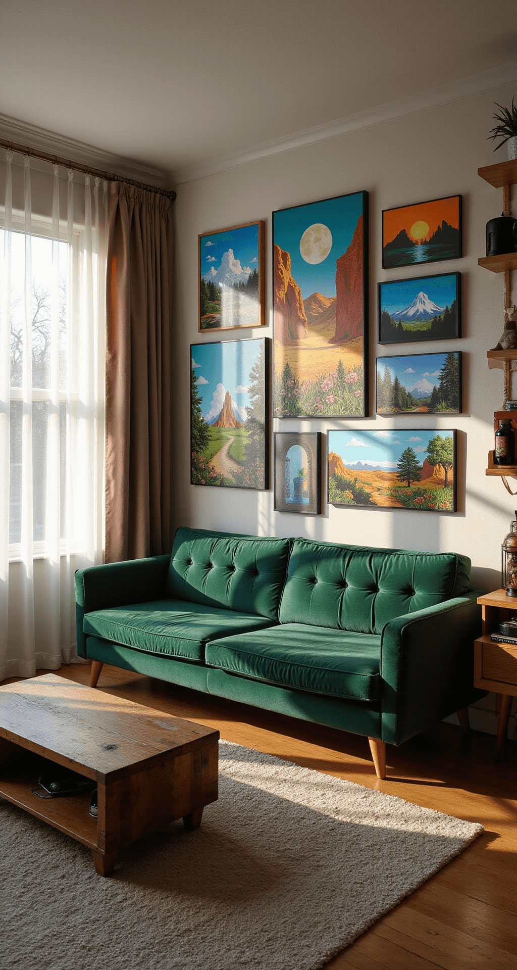 A sunlit gaming room featuring a gallery wall of colorful canvas prints of video game landscapes, a deep green velvet couch, and floating shelves with gaming memorabilia.