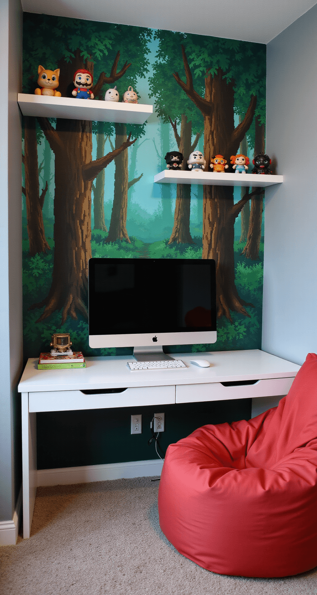 A cozy gaming nook with a wall of retro pixel art decals depicting an 8-bit forest scene, a compact white desk with an ultrawide monitor, floating cube shelves with collectible figurines, and a bright red bean bag, all set against soft gray walls.