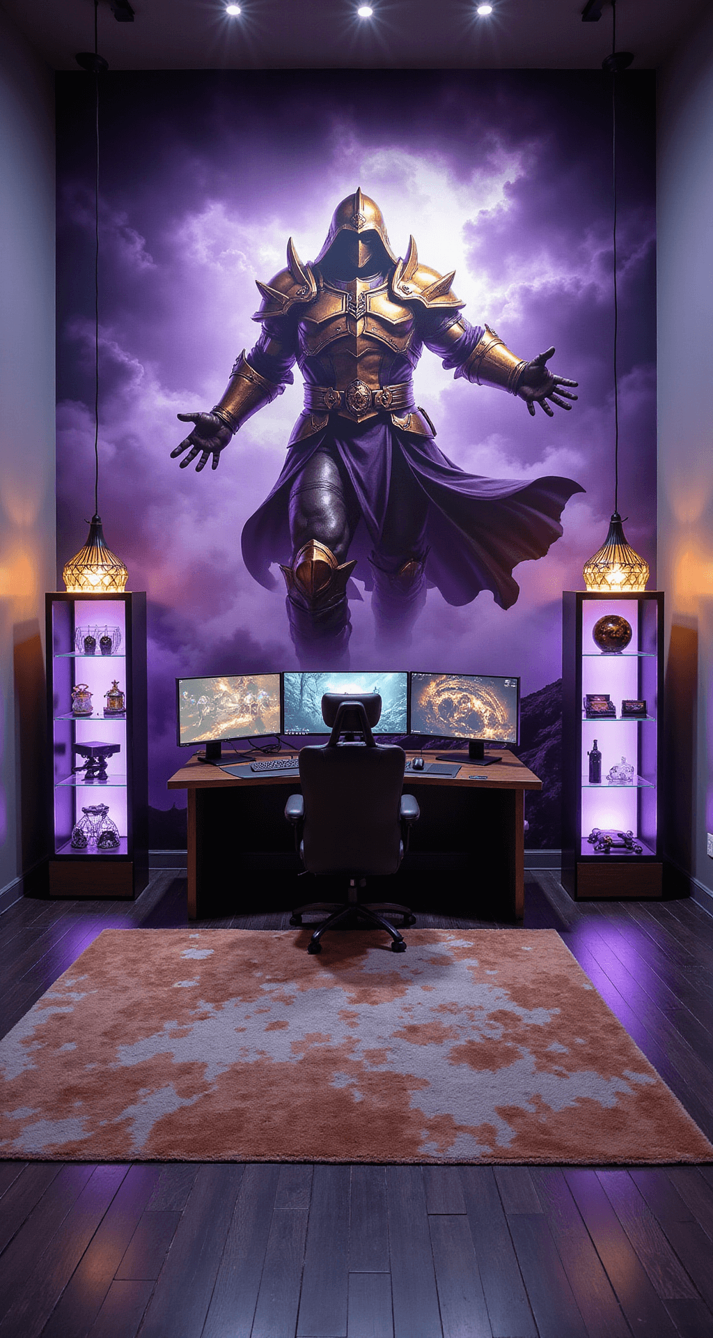 A spacious gaming room featuring a massive custom mural of a hyper-realistic warrior emerging from swirling mists, with a curved gaming desk and multi-screen setup in front, illuminated display cases showcasing collectibles, and geometric pendant lights casting shadows.