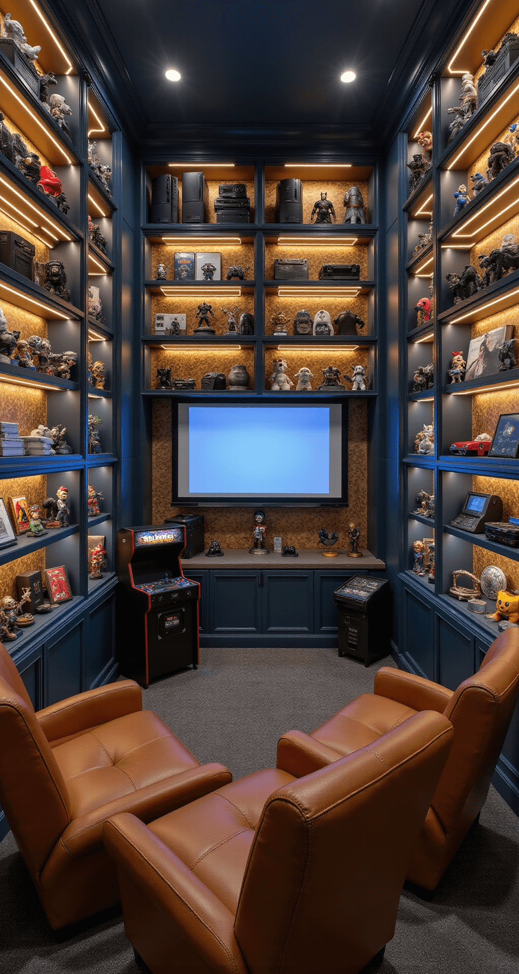 A low-angle view of a cozy gaming den featuring floor-to-ceiling navy shelving units filled with gaming memorabilia, accented by warm LED lighting. Two oversized leather armchairs face a large projector screen, while a vintage arcade cabinet adds nostalgia in the corner. Golden 3D geometric wall panels complement the atmosphere.