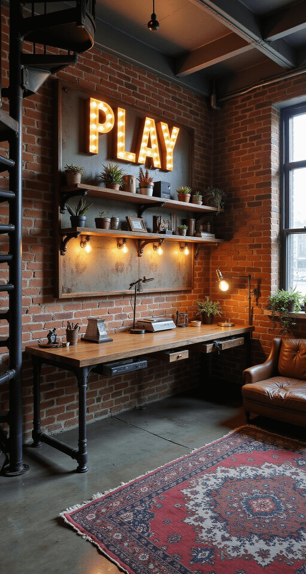 An industrial-chic gaming loft with exposed brick walls and metal beams, featuring a large illuminated 'PLAY' sign, reclaimed wood gaming stations, industrial pipe shelving, and a cozy reading nook, all captured from above the spiral staircase in warm, vintage lighting.