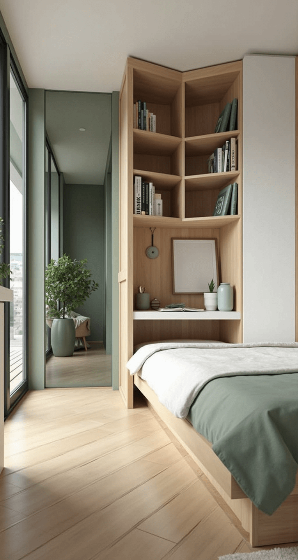 A compact 400 sq ft studio apartment featuring a Murphy bed with an integrated desk, multifunctional furniture in light oak and white, floating shelves for vertical storage, and glass room dividers. The Scandinavian-inspired design includes sage green accents, with natural light highlighting the space-saving solutions, captured from a corner angle.