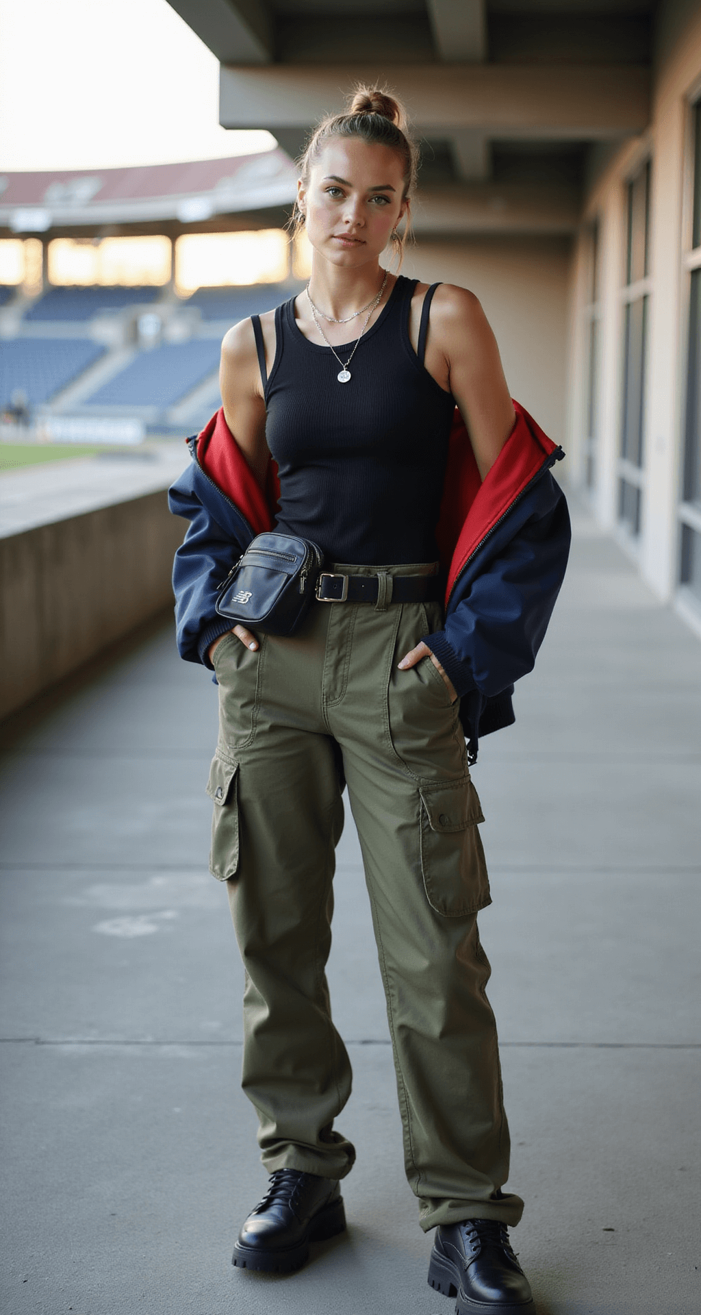 Game Day Glam: Your Ultimate Guide to Basketball Game Outfits (That Actually Work) A person stands in a modern concrete stadium concourse, bathed in warm late afternoon sunlight. They wear olive cargo pants with utility pockets, a fitted black ribbed tank top, and an oversized navy and red varsity jacket. Their outfit is completed with black platform New Balance sneakers, minimal silver jewelry, and a sleek black nylon belt bag. Their hair is styled in a high ponytail, with architectural elements of the concourse framing the full-body shot.
