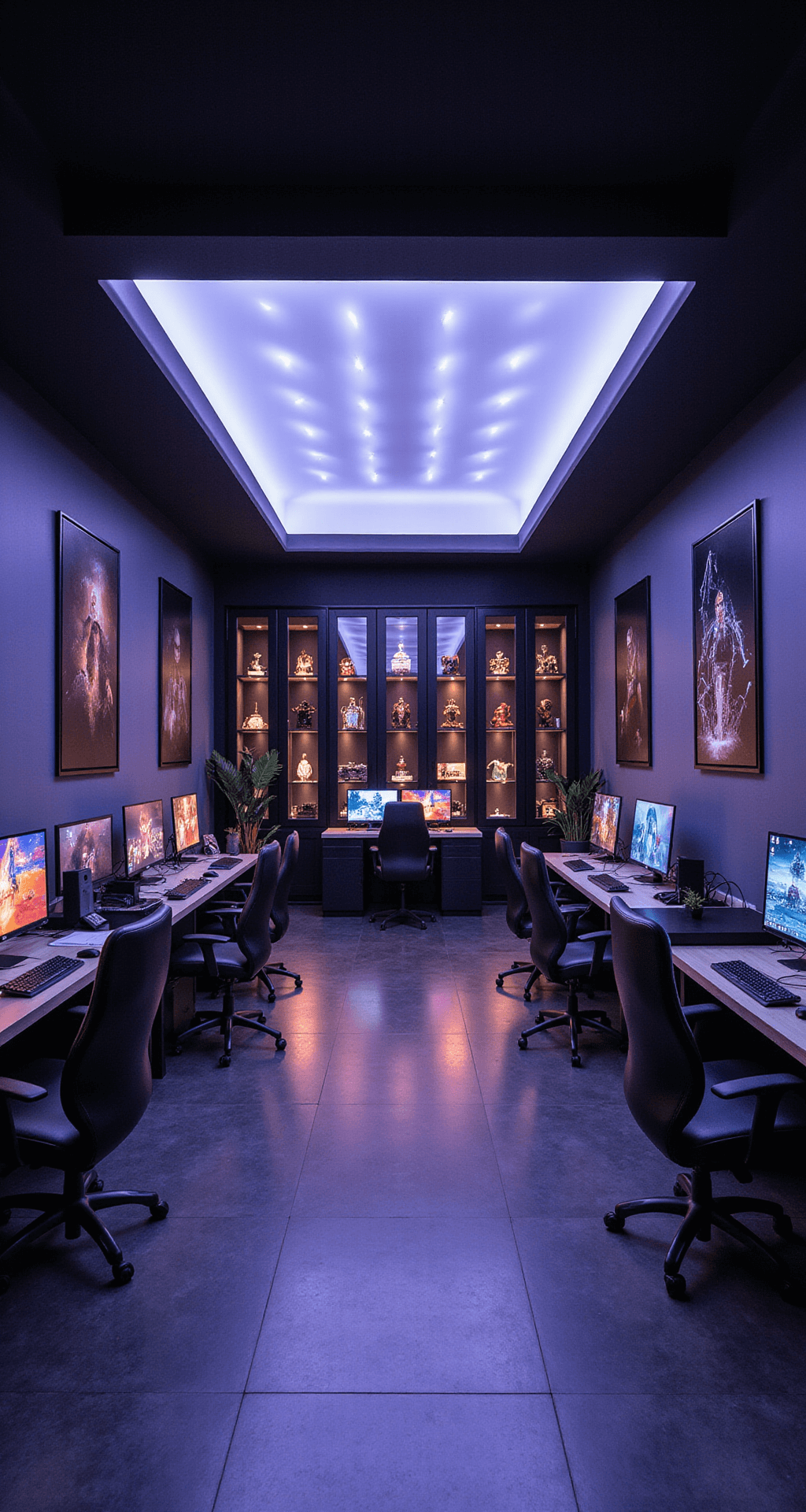 Elevated view of a luxurious 20x24ft gaming lounge at midnight, featuring a horseshoe arrangement of gaming stations, a central floating LED-lit ceiling, custom display cases for collectibles, elegant cable management, and a sleek black and white design with RGB accents.