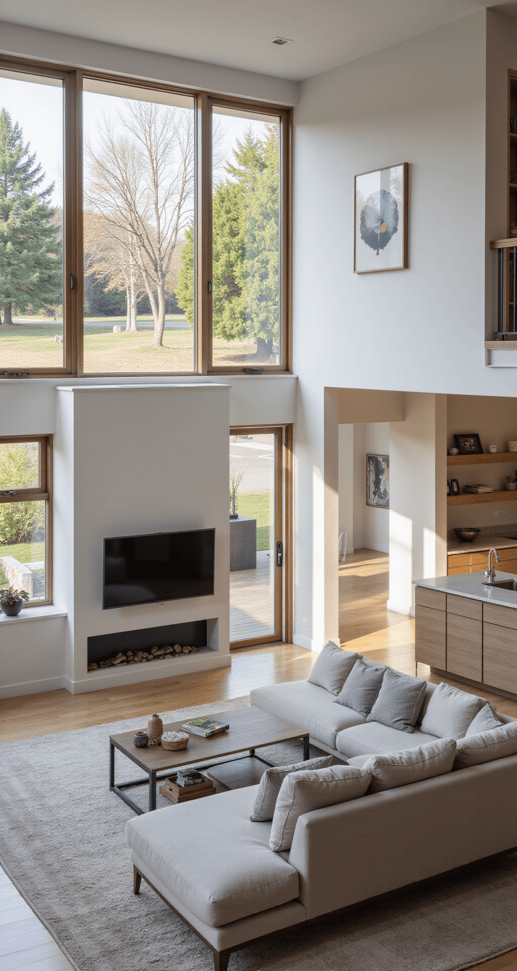 Interior view of a modern, open-concept 1-story Bloxburg home, showcasing a spacious kitchen with sleek countertops, a bright living room with large windows, built-in shelving units by a minimalist fireplace, and a plush L-shaped sofa facing a wall-mounted TV, all bathed in soft afternoon light with a warm color palette of greys, whites, and natural wood.