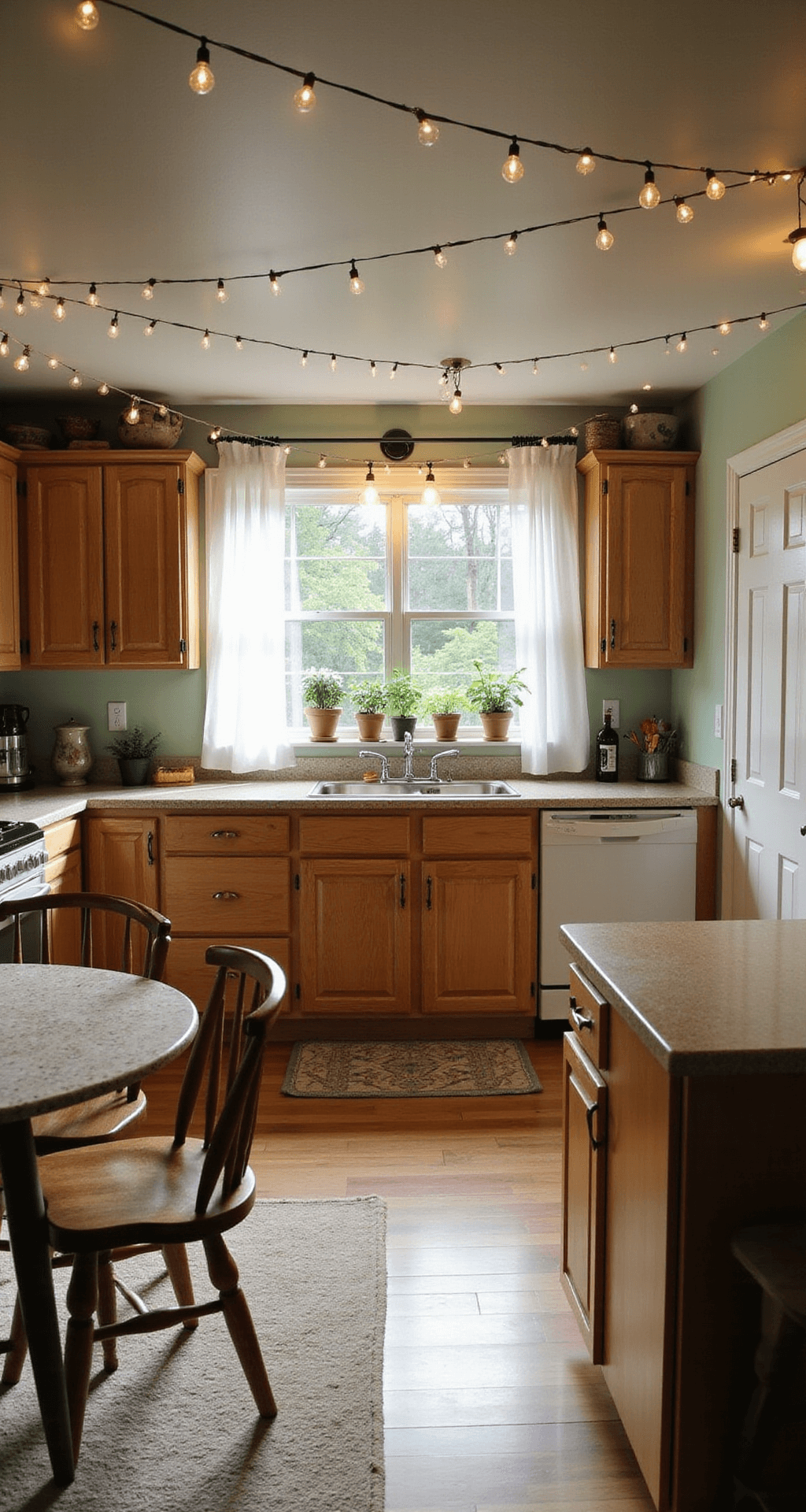 Cozy interior of a Bloxburg starter home showcasing a combined kitchen-dining area with light oak cabinets, a small island with bar stools, and a round dining table with mismatched chairs. Warm string lights hang from the ceiling, illuminating pale sage green walls. A large window above the sink offers a view of a small herb garden, with early morning light streaming through sheer curtains, creating a snug and inviting atmosphere.