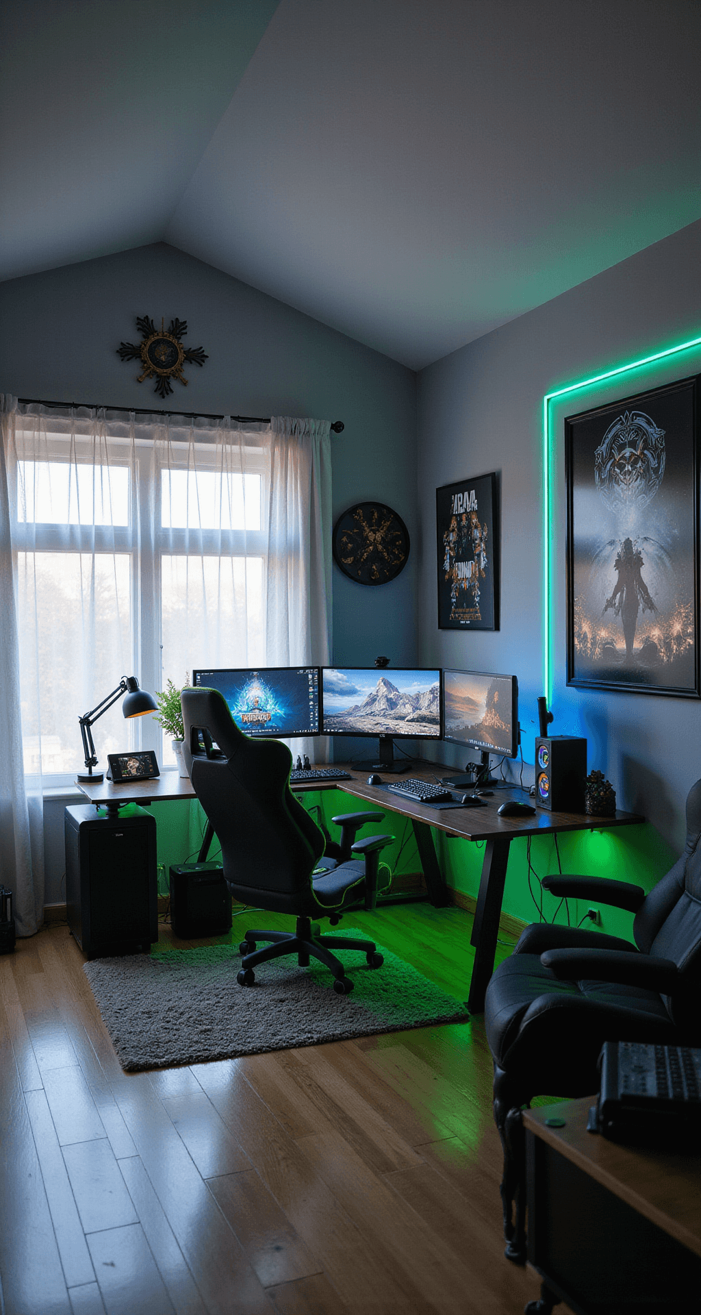 A spacious gaming room featuring vaulted ceilings, illuminated by afternoon sunlight. It includes an ergonomic black and neon green gaming chair, a sleek L-shaped desk with LED lighting, multiple monitors in a curved setup, and a high-end PC tower with RGB lighting. The walls are adorned with 3D game-themed decals and a large RPG poster, while a floating shelf showcases collectible figurines. The color scheme is black and gray with neon green and blue accents.