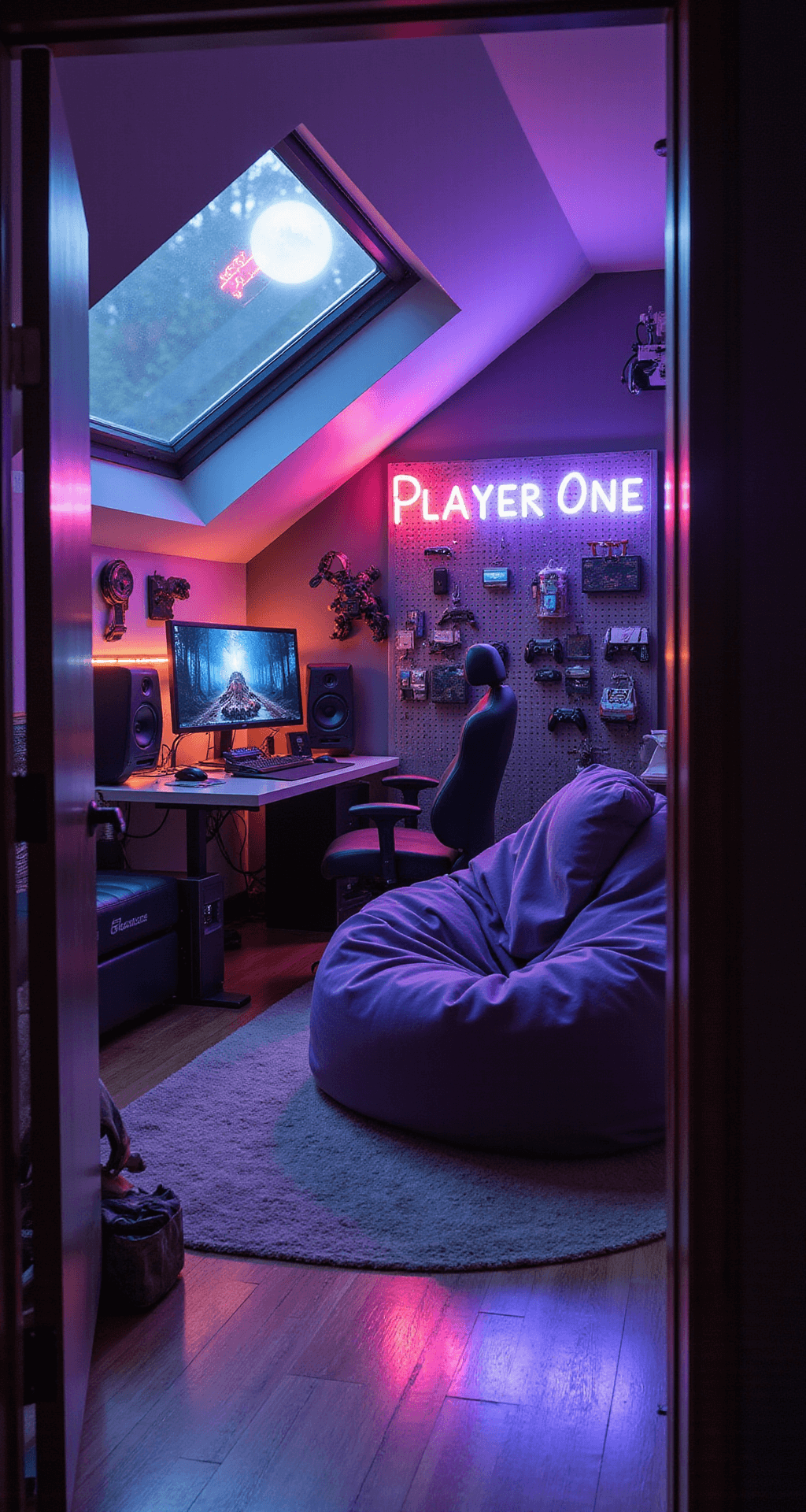 A cozy attic gaming nook featuring a custom-built desk, plush purple bean bag chair, and a pegboard filled with gaming memorabilia, illuminated by moonlight and warm LED lights, with a neon 'Player One' sign casting a pink glow.