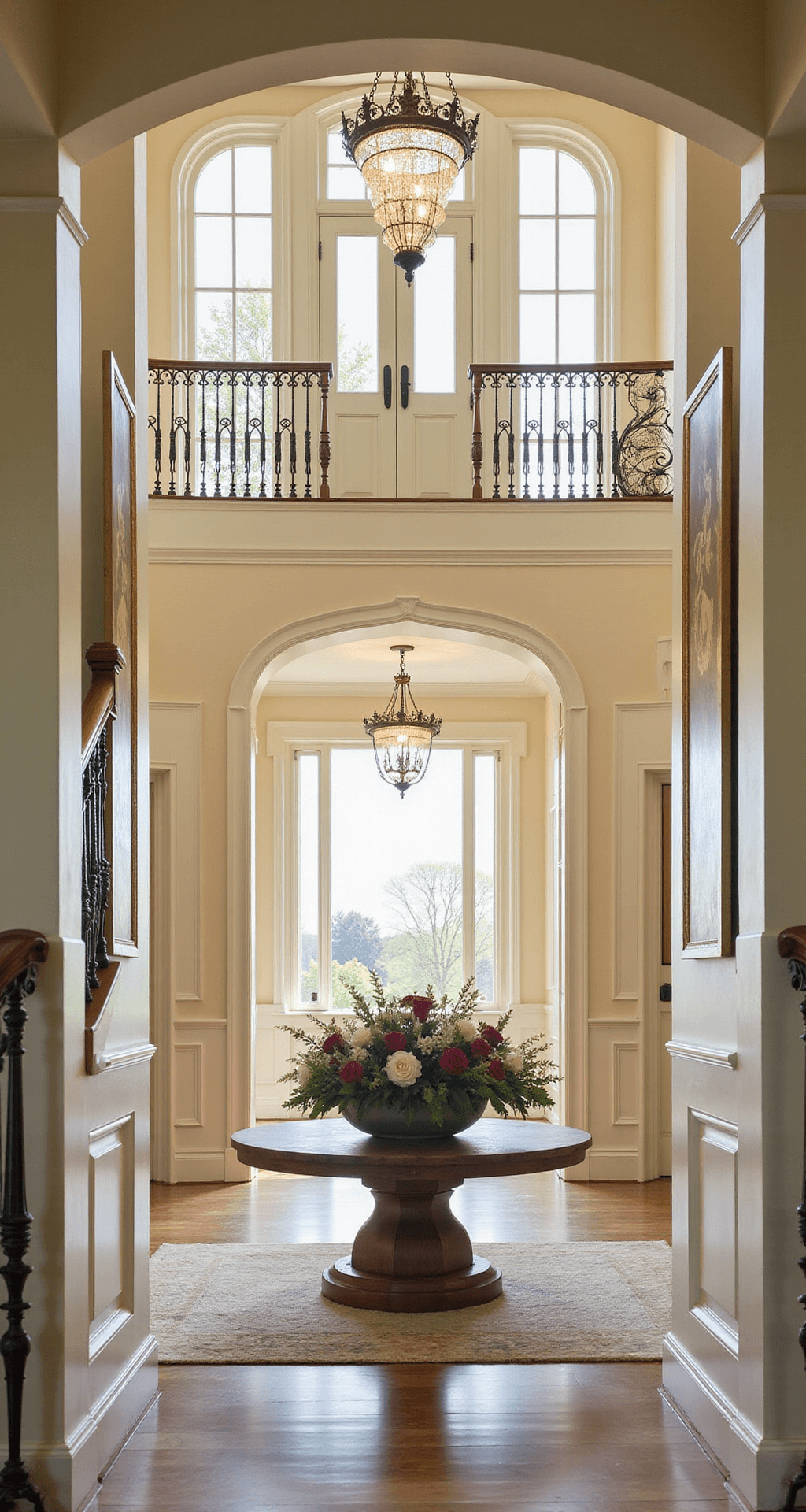 A grand entrance of a budget-friendly Bloxburg mansion featuring tall white pillars, a double-door entryway with a transom window, and a dramatic chandelier above a curved staircase. A large round table with a floral arrangement sits in the center, surrounded by soft cream walls with wainscoting and crown molding. Sunlight streams through vaulted ceilings and floor-to-ceiling windows, enhancing the elegant and inviting atmosphere.