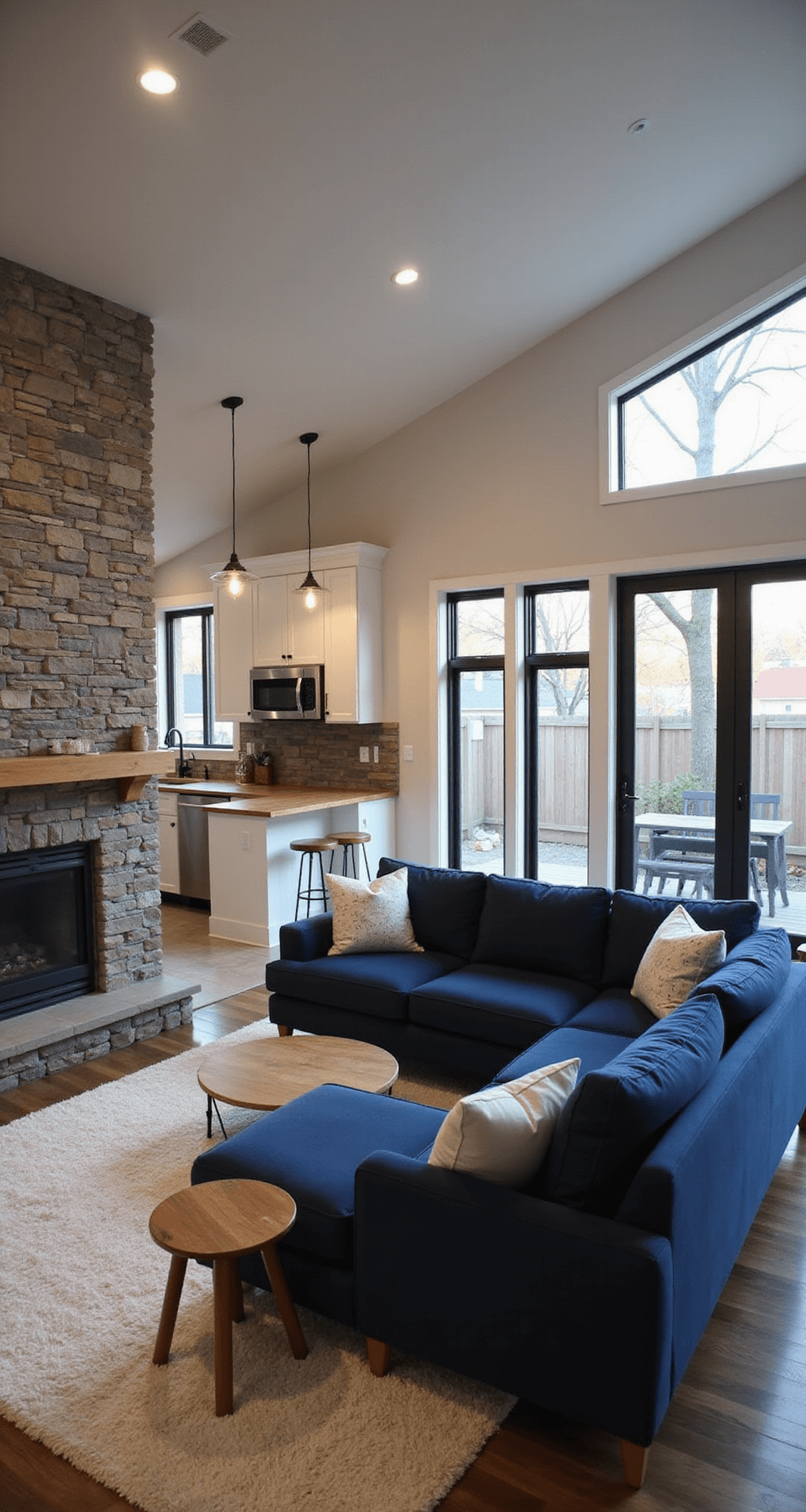 A cozy Bloxburg living room with a deep blue sectional sofa facing a stone fireplace and bookshelves, connected to an L-shaped kitchen with white cabinets and butcher block countertops, featuring a kitchen island with pendant lights, large sliding glass doors leading to a small patio, all illuminated by soft evening light in a navy, white, and warm wood color scheme.