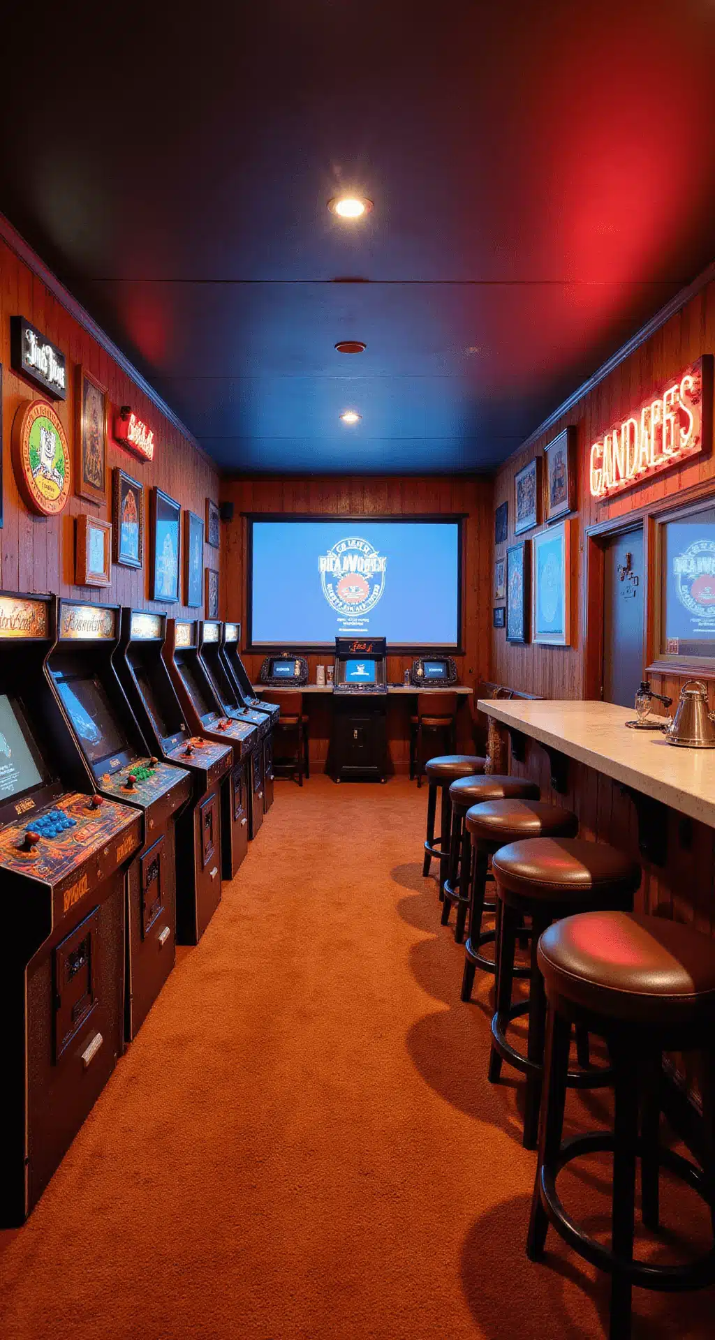 A retro gaming paradise in a 20x25 ft basement featuring wood-paneled walls with vintage arcade marquees and neon beer signs, a row of classic arcade cabinets, a custom bar with console setups, leather barstools, a massive projection screen, shag carpeting in burnt orange, and dim ambient lighting highlighting the nostalgic atmosphere.