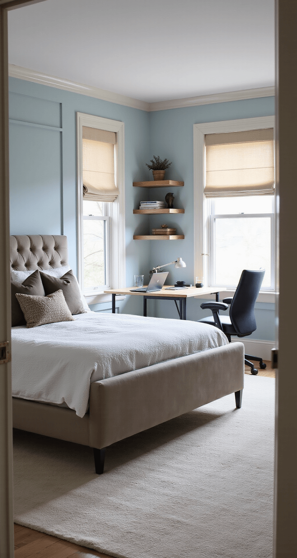 A Bloxburg bedroom with a queen-sized bed featuring a tufted headboard, a compact desk area with floating shelves and an ergonomic chair, and a cozy reading nook with a window seat. The walls are pale blue with white trim, and morning light filters through roman shades, creating a calm atmosphere.