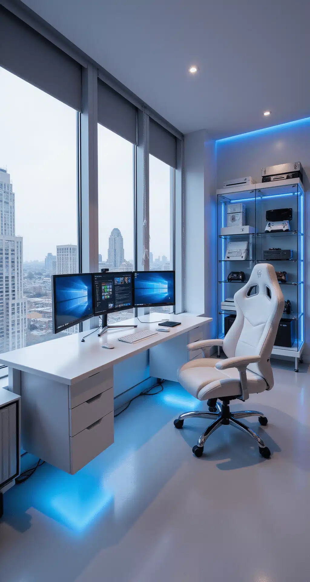 A sleek 18x18 ft home office featuring a high-end gaming setup, with ultrawide curved monitor, minimalist white floating desk, and futuristic white leather gaming chair. Floor-to-ceiling windows provide a panoramic city view, complemented by motorized blackout blinds. The space is styled in white and light gray with blue LED accents, housing a display case of limited-edition consoles. High angle shot captures the room's layout and clean aesthetic, with concealed cable management and bright natural light.