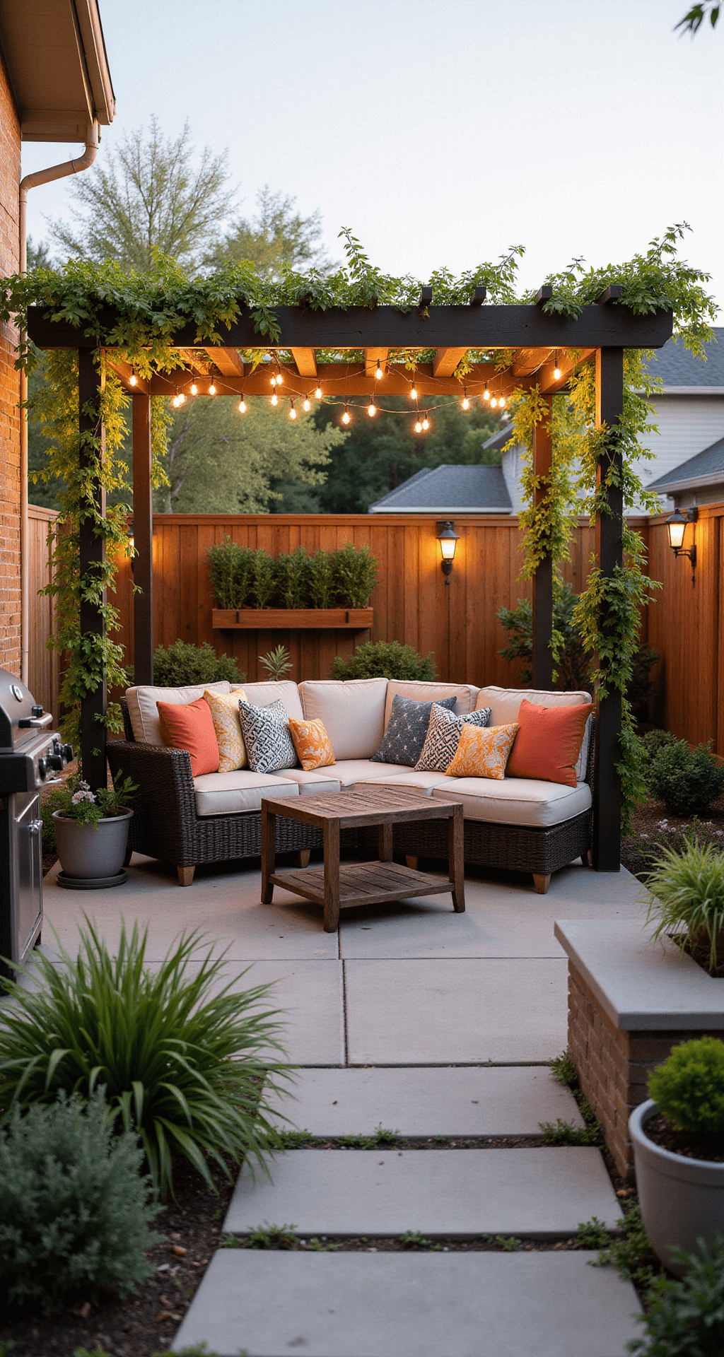 A cozy Bloxburg backyard patio featuring a small concrete area with a pergola draped in string lights and climbing vines, a wicker sofa set with colorful cushions, a compact grill station, potted plants, and a vertical herb garden, all illuminated by solar-powered lights, captured during golden hour.