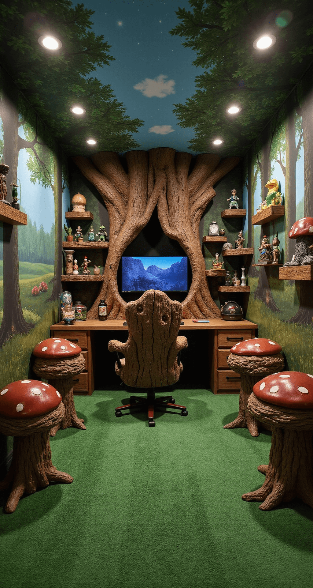 A whimsical gaming room resembling a fantasy forest, featuring a photorealistic mural of trees and a brook, a hollowed-out tree trunk gaming setup, a throne-like gaming chair, mushroom-shaped shelves with collectibles, and plush green carpeting, all illuminated by soft, magical lighting.