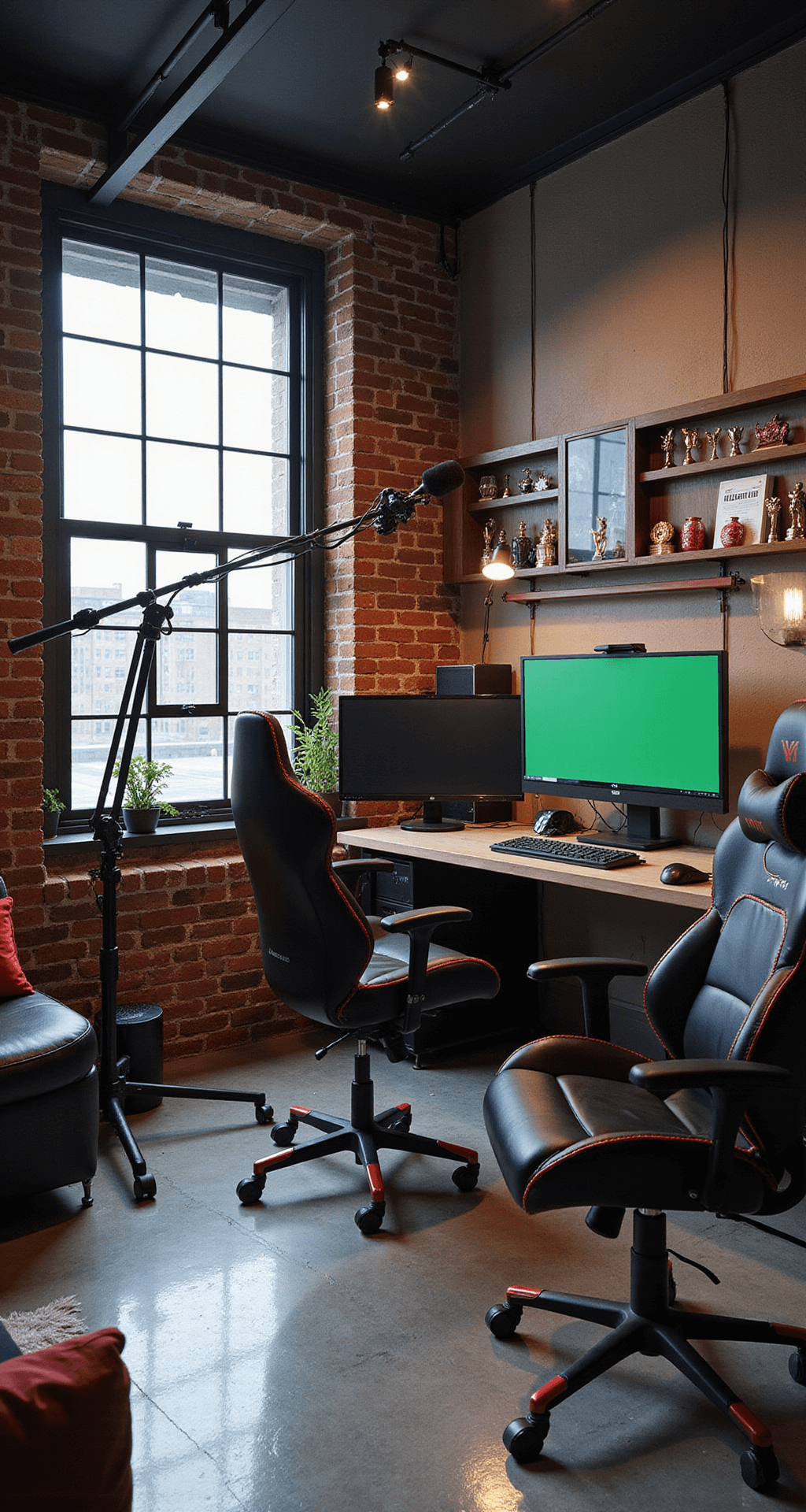 An industrial-chic gaming room featuring exposed brick walls, steel beams, and polished concrete floors, equipped with a professional streaming setup including a mic on a boom arm, ring lights, and a green screen. Multiple monitors are mounted on articulating arms, and a sleek black leather gaming chair with red stitching is present. One wall displays a trophy case. The color scheme is gray, black, and bold red, with dramatic lighting highlighting the streaming area.