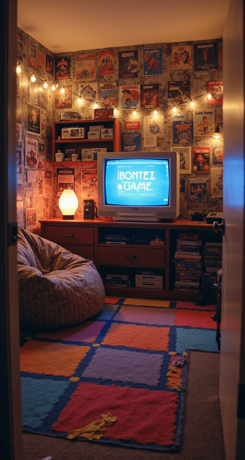 A nostalgic 90s gaming room featuring vintage posters, a chunky CRT TV, a worn bean bag chair, lava lamp, and a colorful geometric carpet, illuminated by warm ambient lighting.