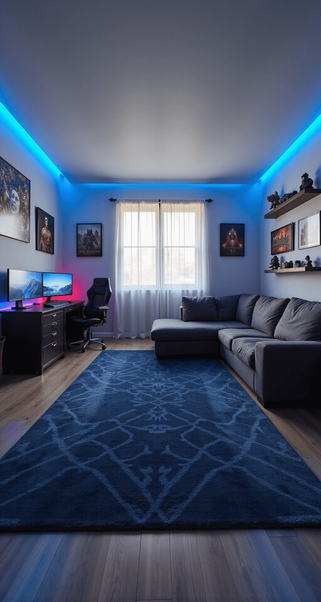 A spacious gaming room with vaulted ceilings, featuring a triple monitor setup on a custom desk, vintage game posters, collectible figurines, an L-shaped gray sectional, a mounted TV, and ambient blue lighting.
