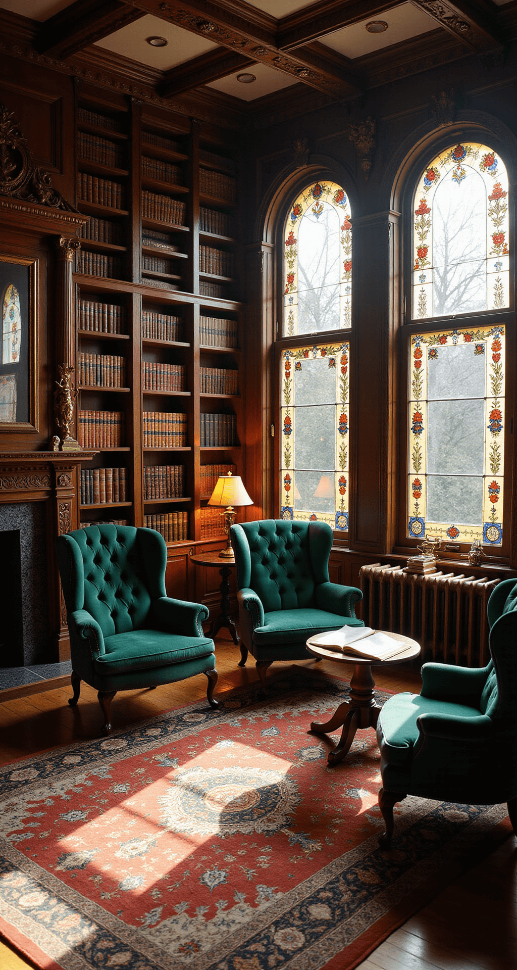 A Victorian-style library with warm afternoon light filtering through stained-glass windows, featuring mahogany bookshelves filled with leather-bound books, a grand intricately carved fireplace, wingback chairs in emerald velvet, a jewel-toned Oriental rug, and ambient brass lamps and candelabras, all captured from a slightly elevated angle to highlight its opulent details and cozy reading nooks.