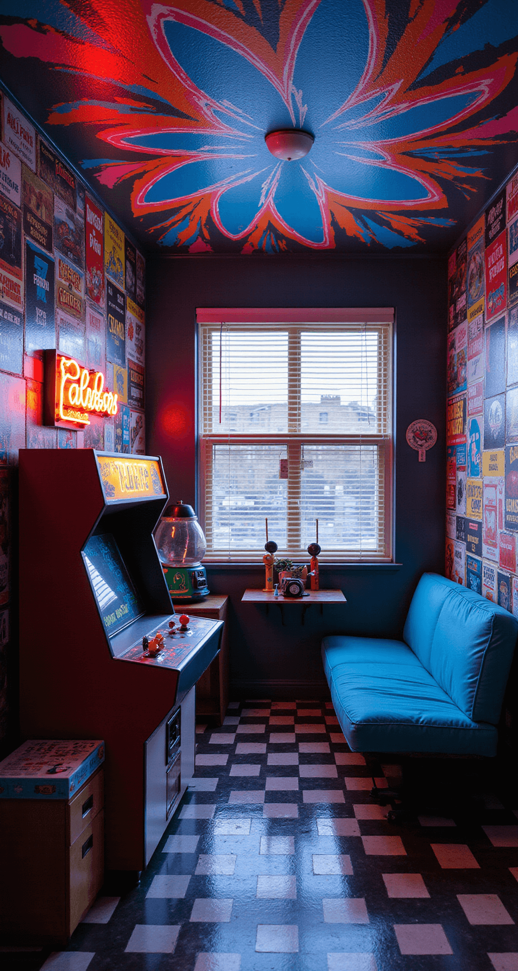 A compact retro arcade-themed room with a custom arcade cabinet, vibrant marquee, electric blue futon, vintage game ads on the walls, fluorescent starburst ceiling, lava lamps, gumball machine, and black and white checkered linoleum.