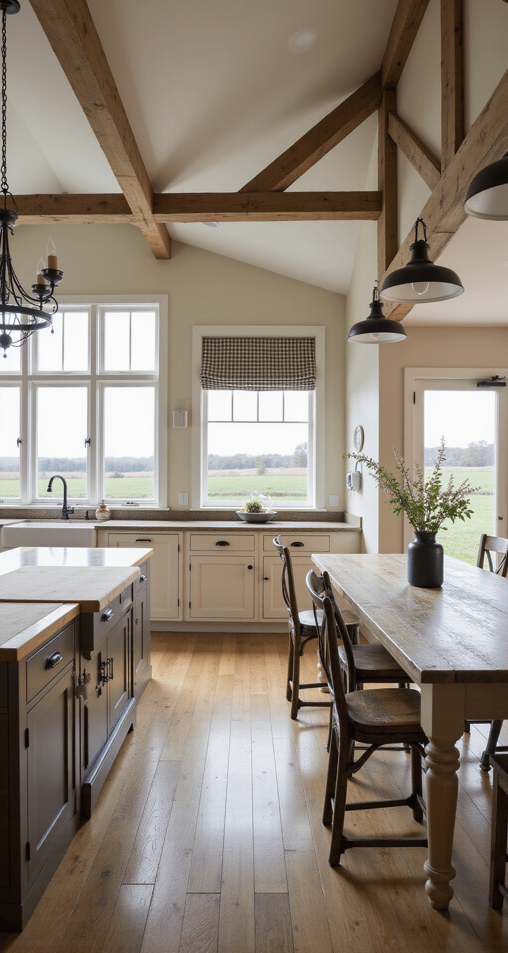 A spacious farmhouse kitchen-dining area with vaulted ceilings, exposed wooden beams, large windows overlooking fields, a butcher block island with farmhouse stools, shaker cabinets in soft cream, a farmhouse sink under a gingham-curtained window, and a reclaimed wood dining table with mismatched chairs, illuminated by a wrought-iron chandelier, creating a warm and inviting atmosphere.