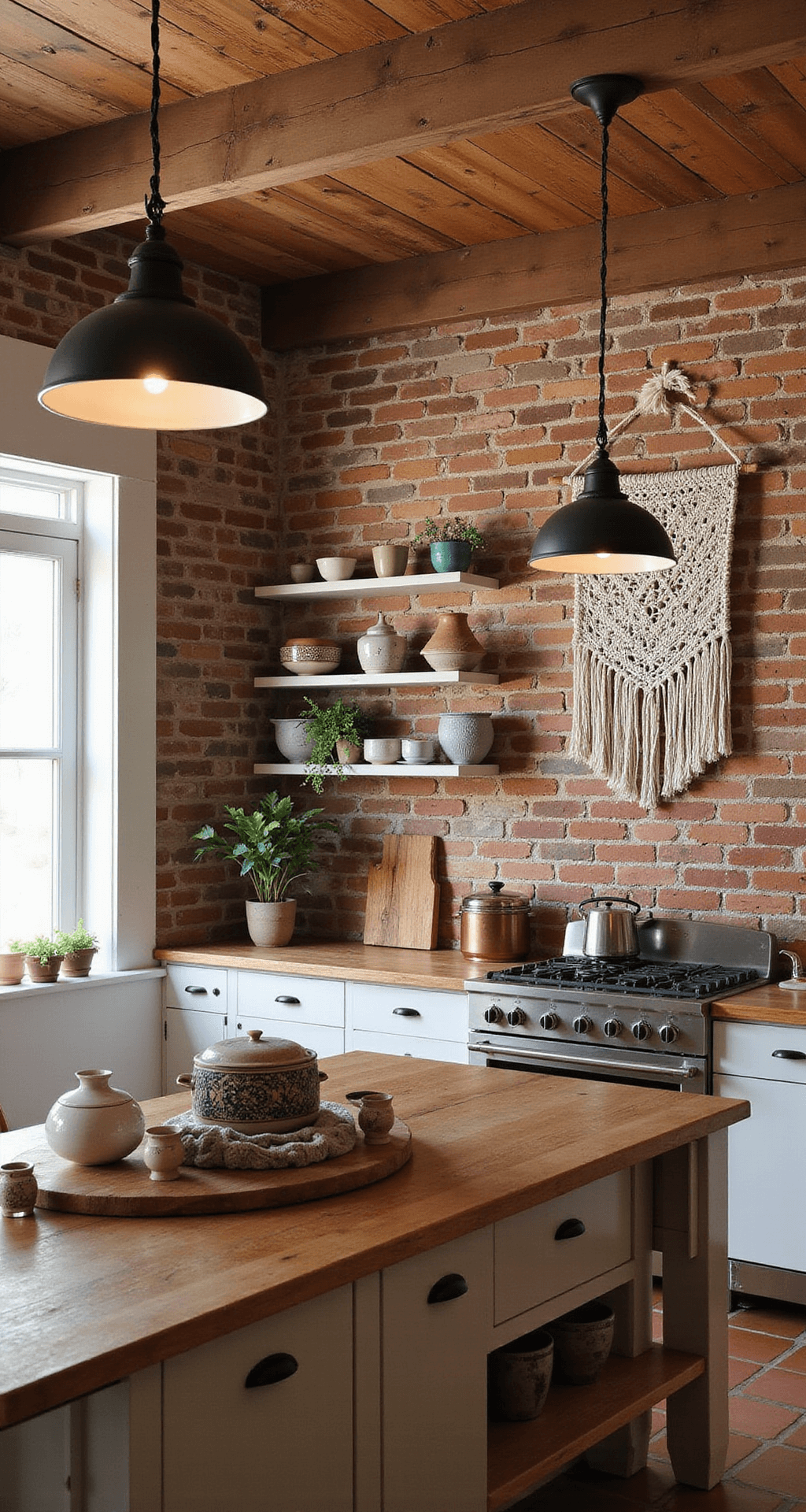 A cozy boho kitchen featuring an exposed brick wall, wooden ceiling beams, vintage pendant lights, a butcher block island adorned with ceramics, a macramé wall hanging, open shelving with artisanal pottery and plants, terracotta tiles, and copper accents, all captured from eye-level with soft directional lighting.