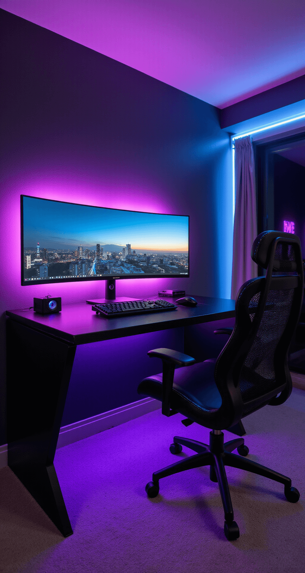 A spacious cyberpunk-themed bedroom featuring a floating black desk with an ultra-wide gaming monitor, illuminated by purple underglow, against a backdrop of matte black walls adorned with RGB lighting, and a sleek gaming chair, captured from a low angle to highlight its depth at dusk.