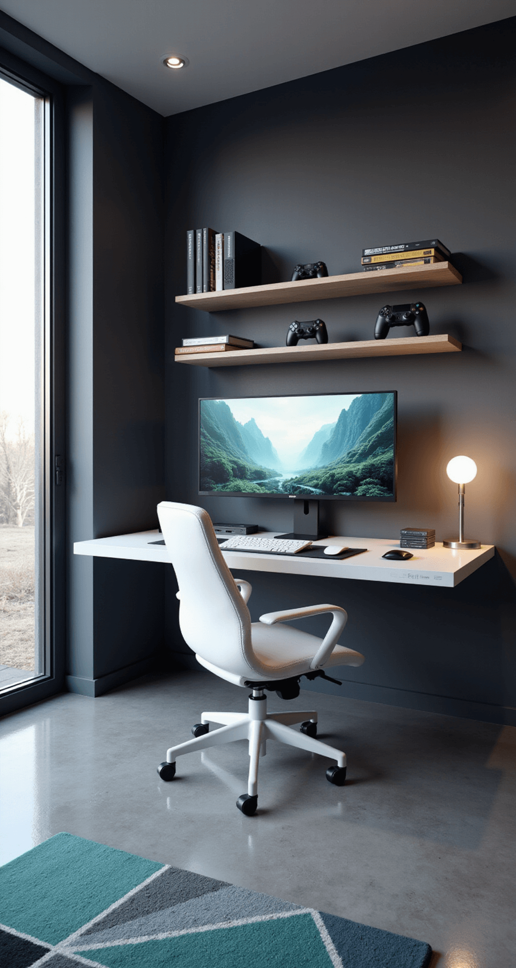 A minimalist gaming room featuring a floating desk with an ultrawide monitor, ergonomic white leather chair, and abstract art wall, all set in a cool morning light ambiance.