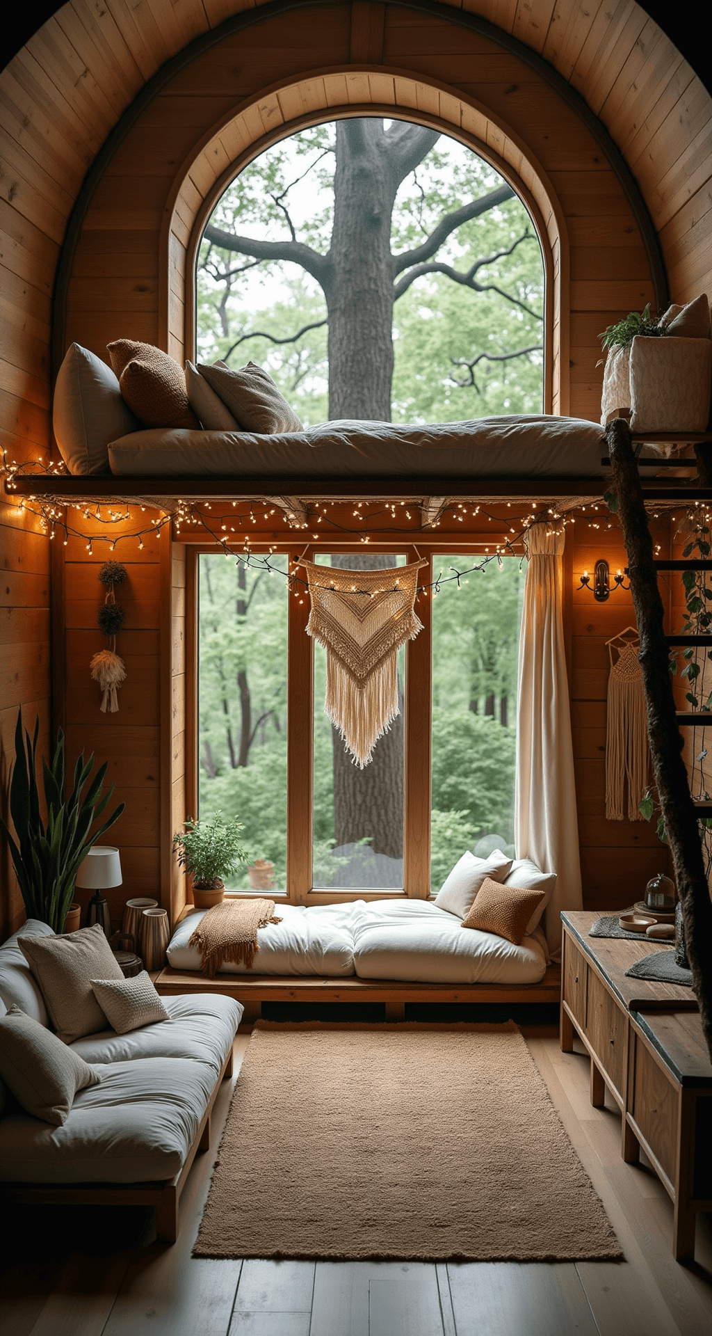 A whimsical treehouse retreat among ancient oaks, featuring a circular design with floor-to-ceiling windows, a loft bed accessed by a rope ladder, cozy floor cushions, and fairy lights. The interior showcases natural textures like woven rugs and macramé, a small kitchenette with reclaimed wood, and potted plants, all under soft, dappled light filtering through the leaves.