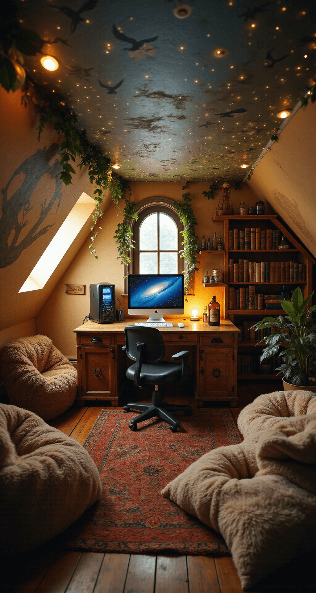 A cozy attic gaming nook with a starry ceiling, rustic desk, ivy, and fairy lights, featuring plush seating and an enchanted forest mural.