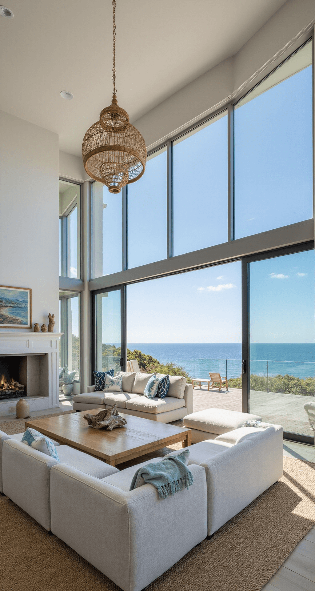 Luxurious beachfront bungalow living room with floor-to-ceiling sliding glass doors opening to a deck, featuring an L-shaped sectional, coastal artwork, and natural light creating a bright atmosphere.