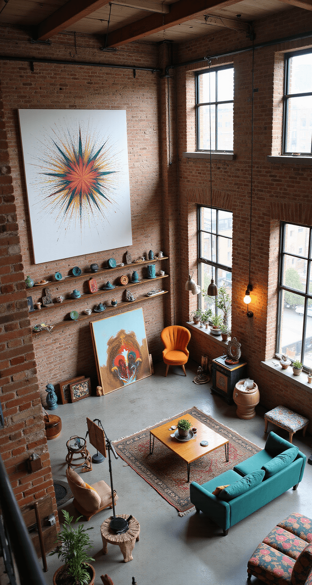 An elevated view of an eclectic artist's loft featuring exposed brick walls, polished concrete floors, a large paint-splattered canvas, colorful sculptures on floating shelves, and mismatched vintage furniture in bold hues, all illuminated by natural light from large factory windows and various light sources.