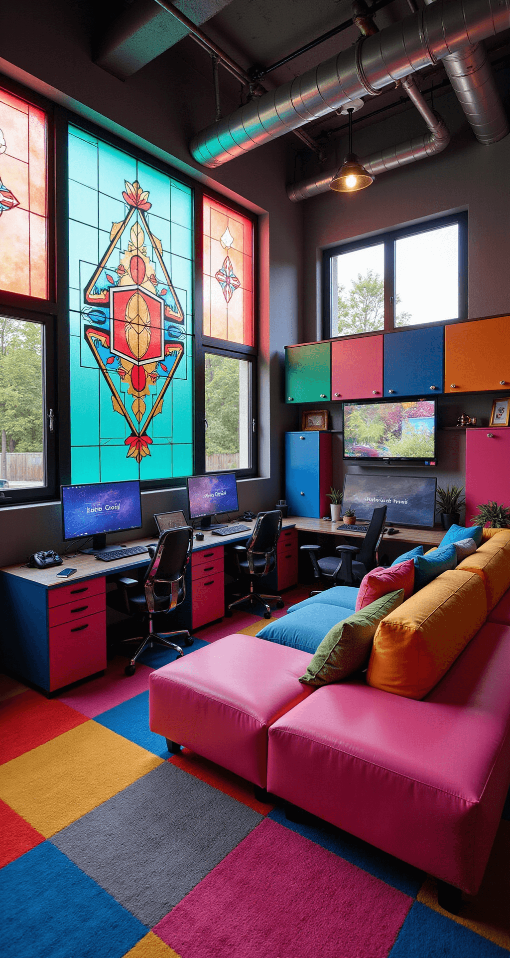 A vibrant gaming room with an L-shaped desk for four setups, colorful stained glass panels, LED high score wall, modular sofa, exposed metallic pipes, Tetris block cabinets, and geometric carpet, all illuminated by late afternoon sunlight.