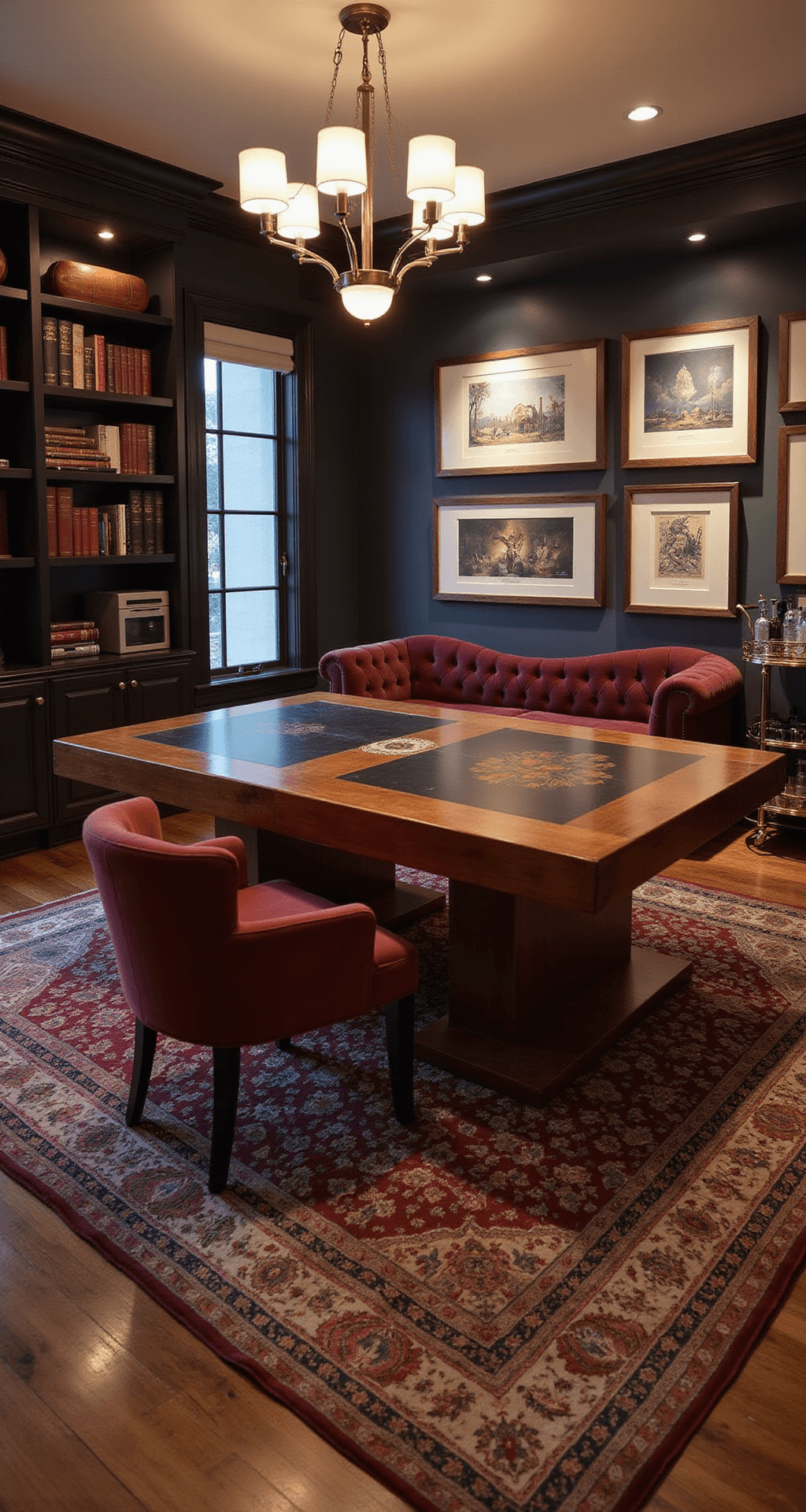 An elegant gaming room featuring a custom-built gaming table, cozy velvet chaise lounge, framed video game art, and a sophisticated bar cart, all illuminated by warm pendant lighting.