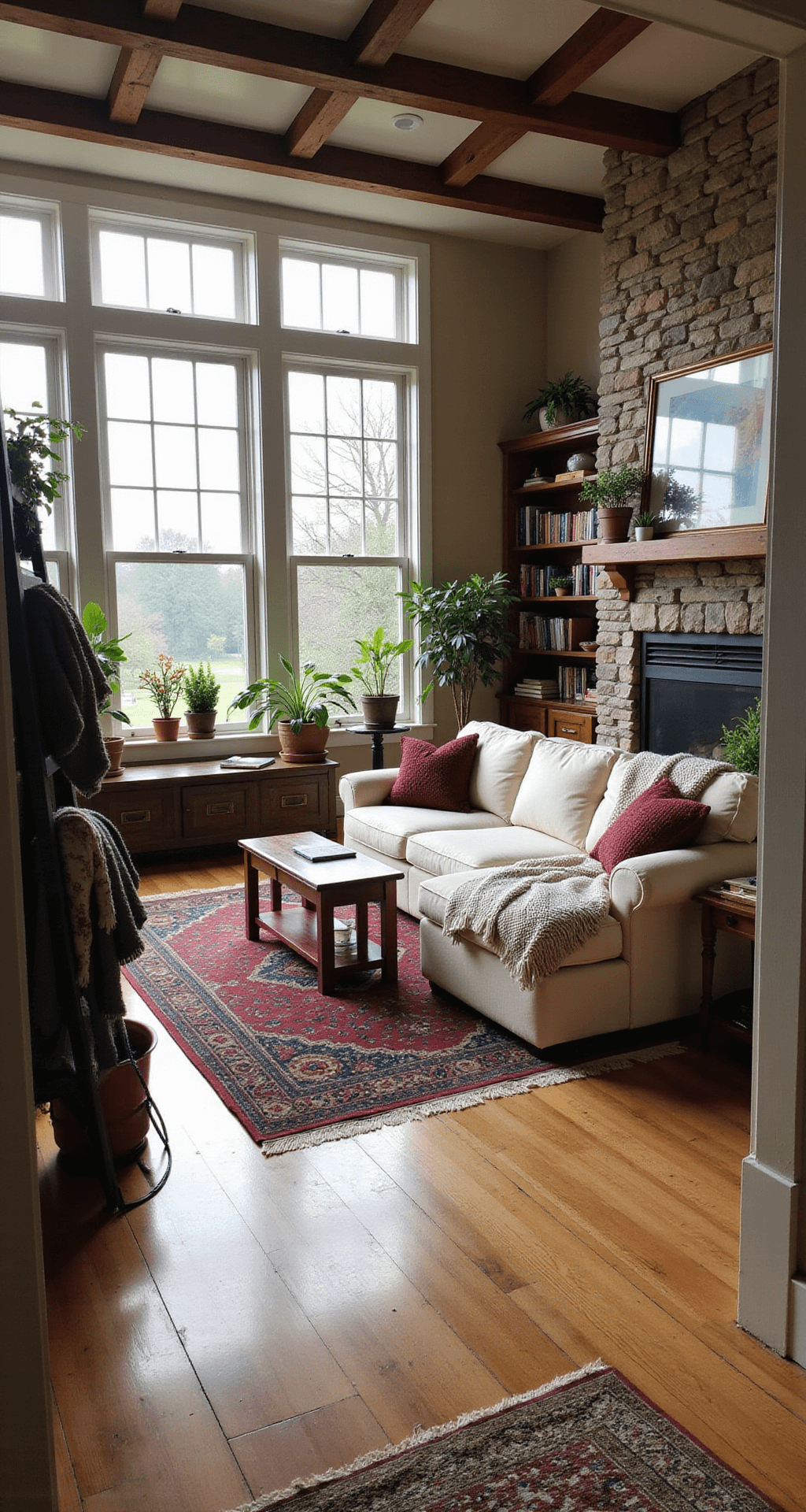 Cozy one-story cottage living room with warm neutral tones, large bay windows, a stone fireplace, and a plush sectional, illuminated by late afternoon sunlight.