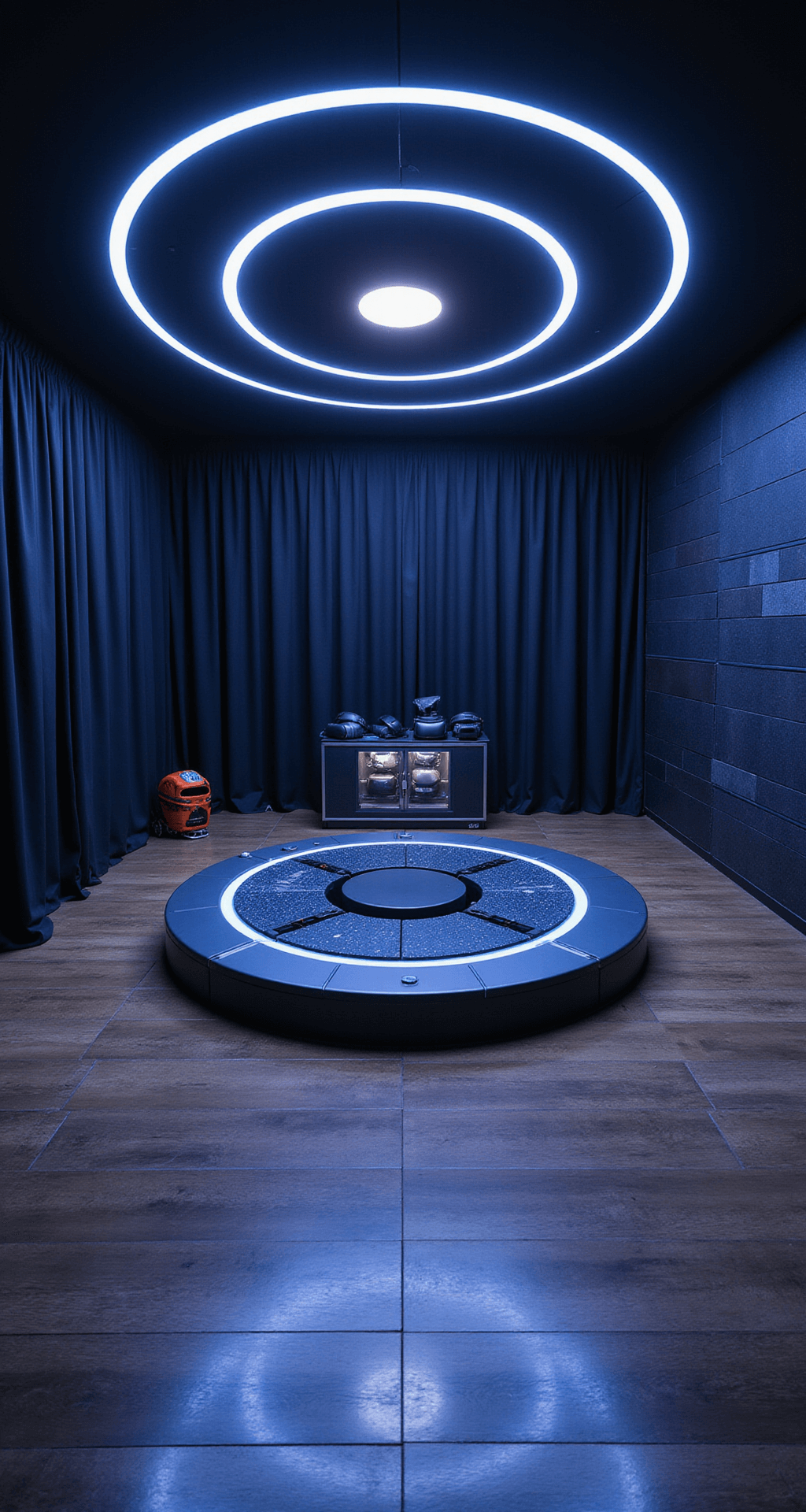 A futuristic VR gaming space with a central circular platform, sound-absorbing walls, LED accents, and a low-friction floor, all designed for immersive gaming experiences.