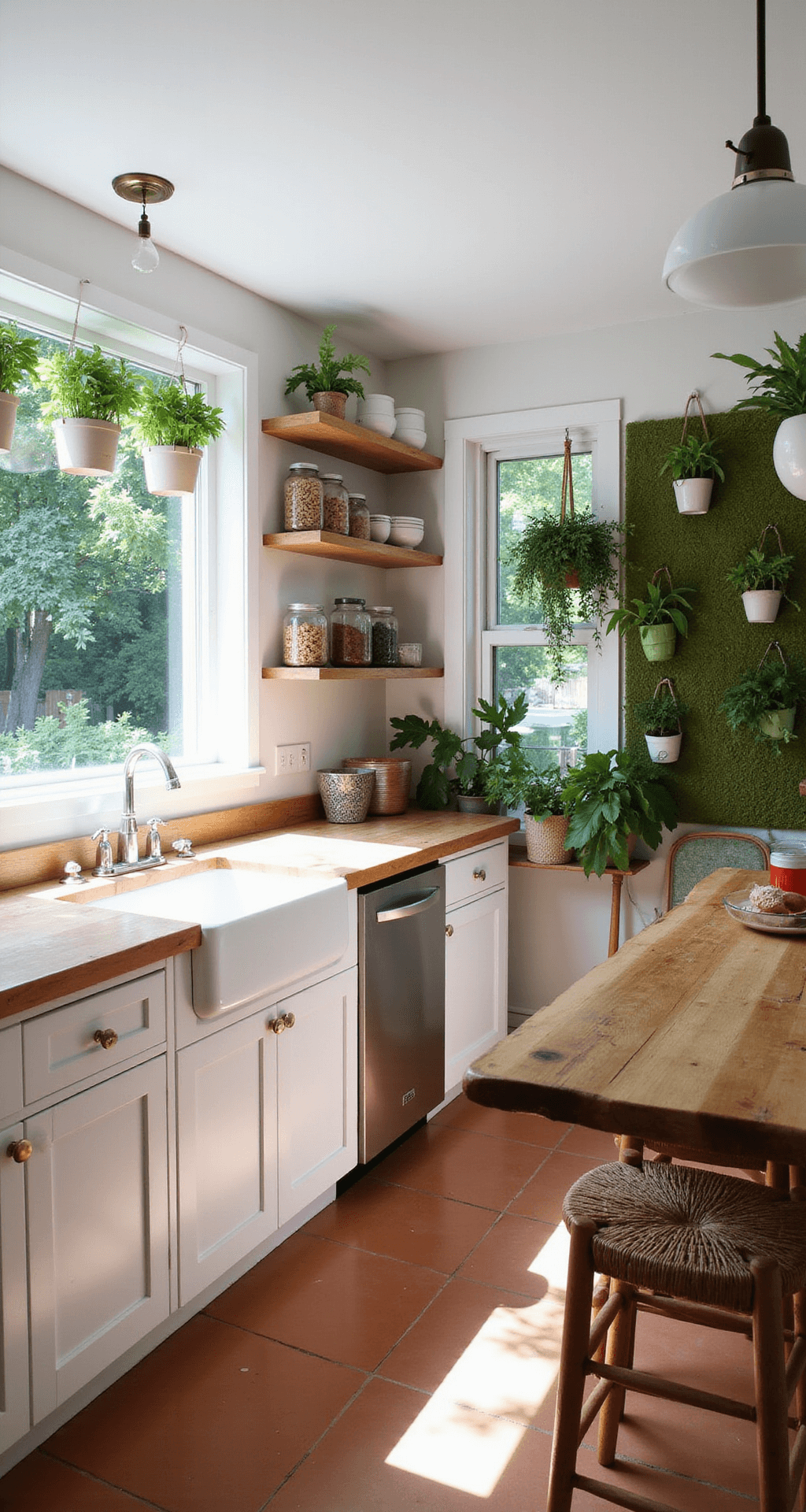 A bright, airy garden-inspired kitchen featuring floor-to-ceiling windows, white shaker cabinets, butcher block countertops, a farmhouse sink with herb planters, open shelving with vintage crockery, a live-edge wood island with rattan bar stools, terracotta floor tiles, and a moss green accent wall, all illuminated by early morning light.