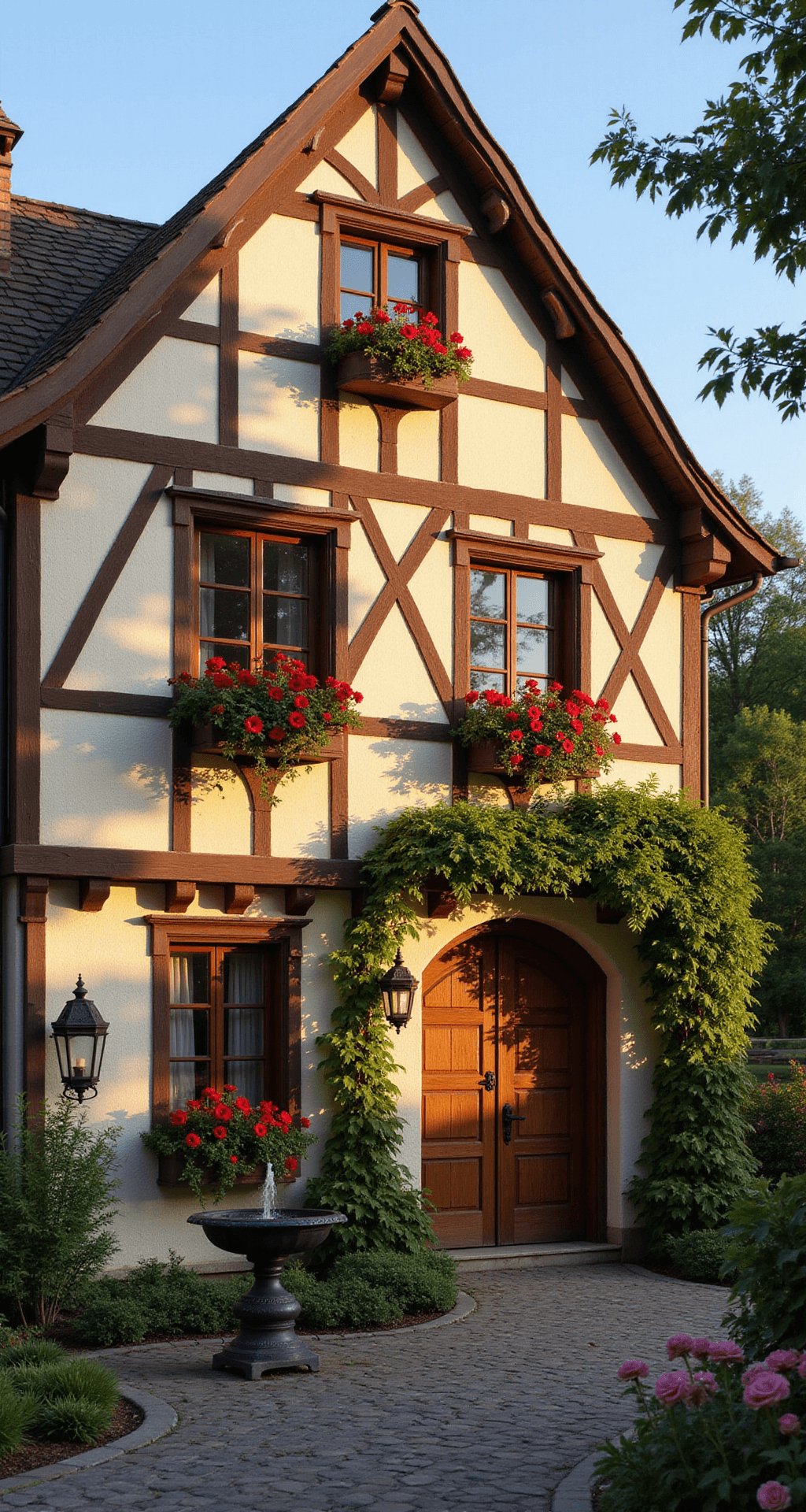 A picturesque German-inspired cottage with a steep roof and timber framing, illuminated by golden hour sunlight. Window boxes filled with red geraniums adorn whitewashed walls, while a cobblestone path leads to a wooden door. Climbing roses frame the entryway next to a bubbling fountain, and a wrought-iron lantern casts a warm glow, enhancing the fairytale atmosphere.