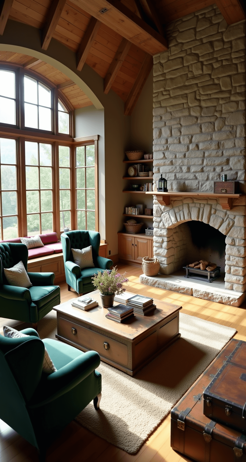 A cozy rustic cottage living room with vaulted ceilings, exposed wooden beams, and sunlight streaming through mullioned windows, featuring a large stone fireplace, leather Chesterfield sofa, and wingback chairs in deep green velvet, surrounded by rich earthy tones and textured decor.