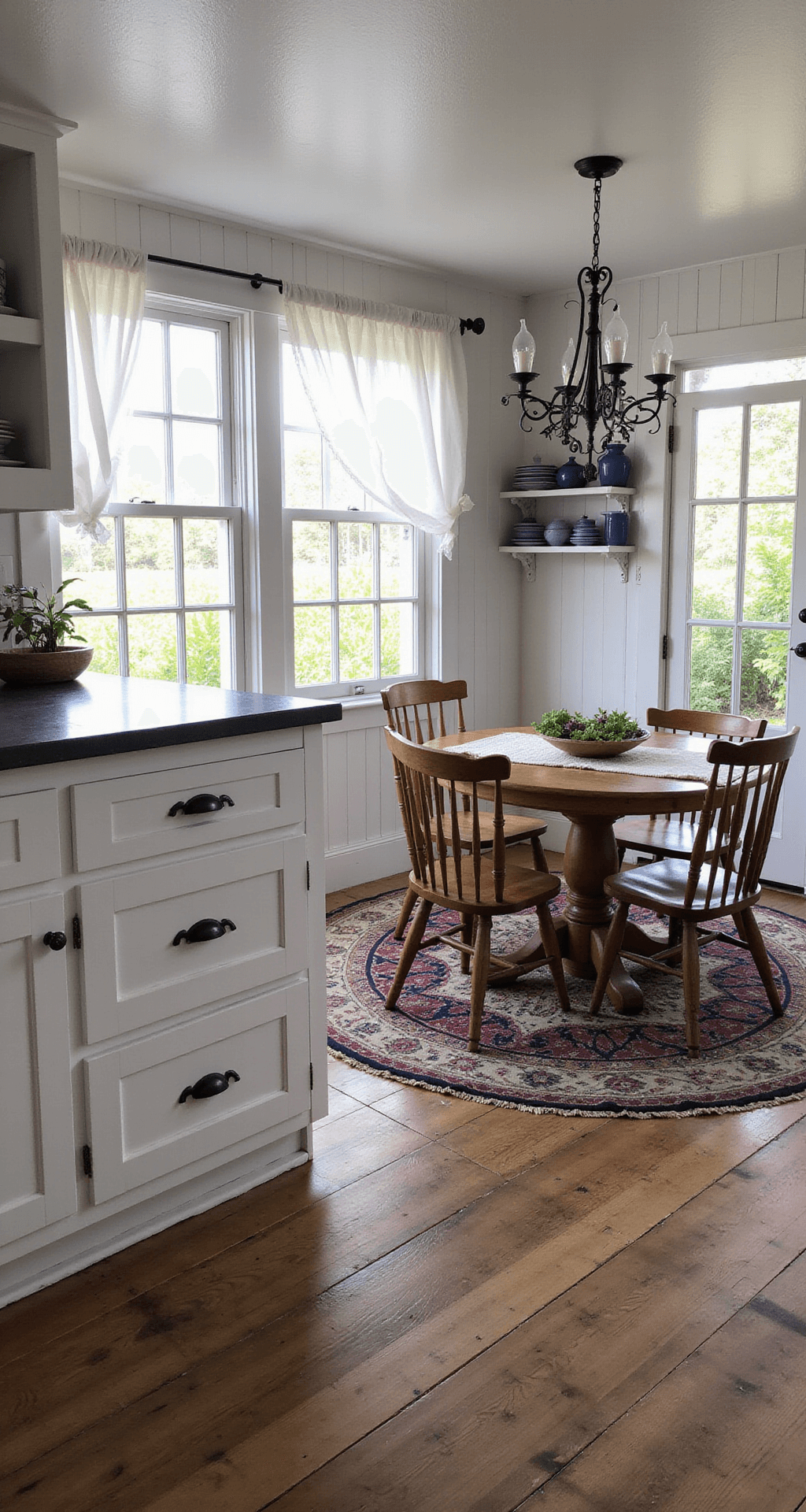 A cozy cottage kitchen-dining area with white beadboard cabinets, soapstone countertops, and open shelving displaying blue and white china. A round pedestal table with mismatched wooden chairs is illuminated by a wrought-iron chandelier. Twilight hues filter through cafe curtains, and a Dutch door leads to a small herb garden. Weathered oak floors are partially covered by a vintage kilim rug, all in a warm, inviting color scheme of crisp whites, deep navy, and wood tones.