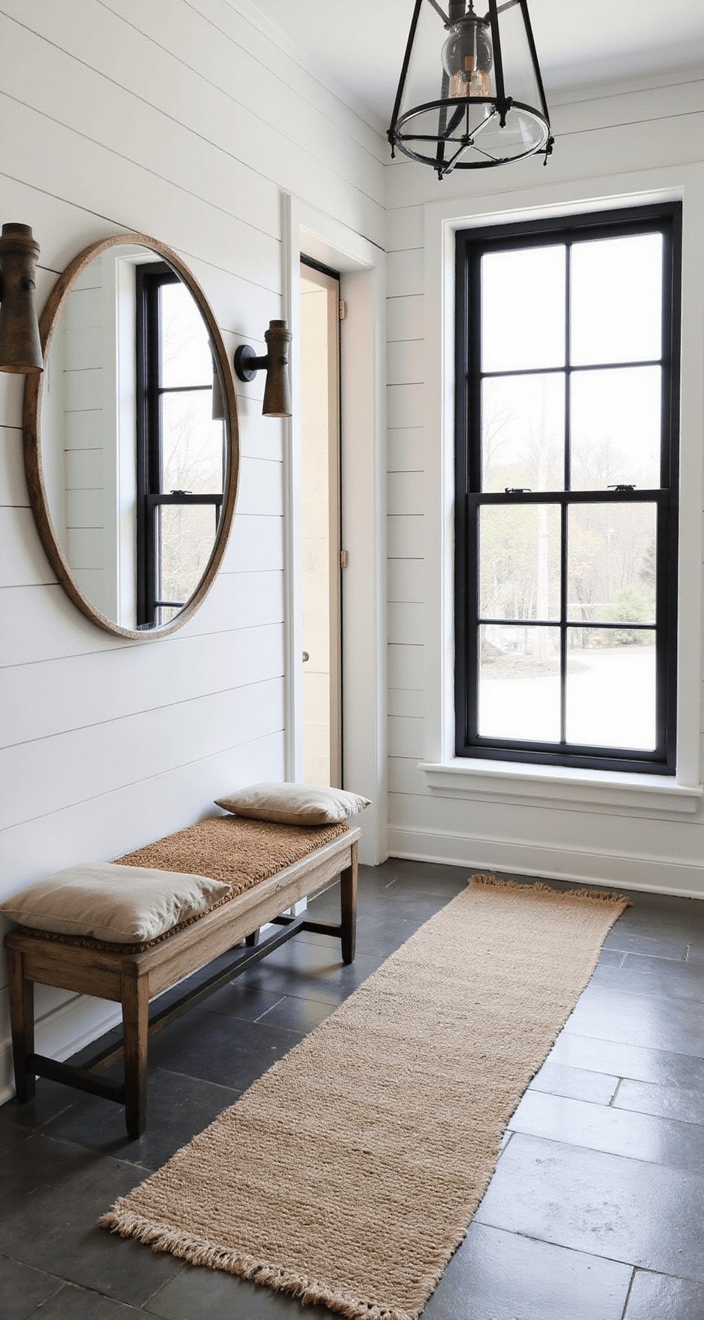 Bright modern farmhouse foyer featuring white shiplap walls, black steel-framed windows, a vintage bench with a woven cushion, an oversized round mirror, and industrial sconces, all set on slate floor tiles in a herringbone pattern, complemented by a vintage runner.