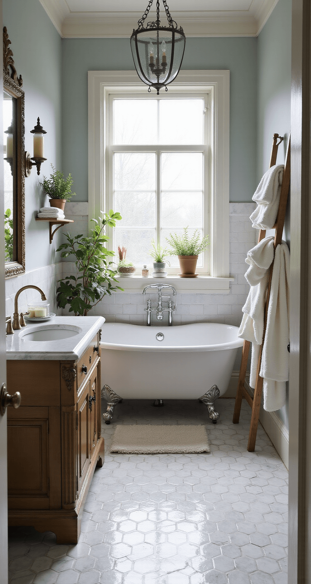 A serene cottage bathroom with a clawfoot tub, vintage vanity, hexagonal marble tiles, and natural greenery, illuminated by soft morning light through a frosted window, creating a calming spa-like atmosphere.