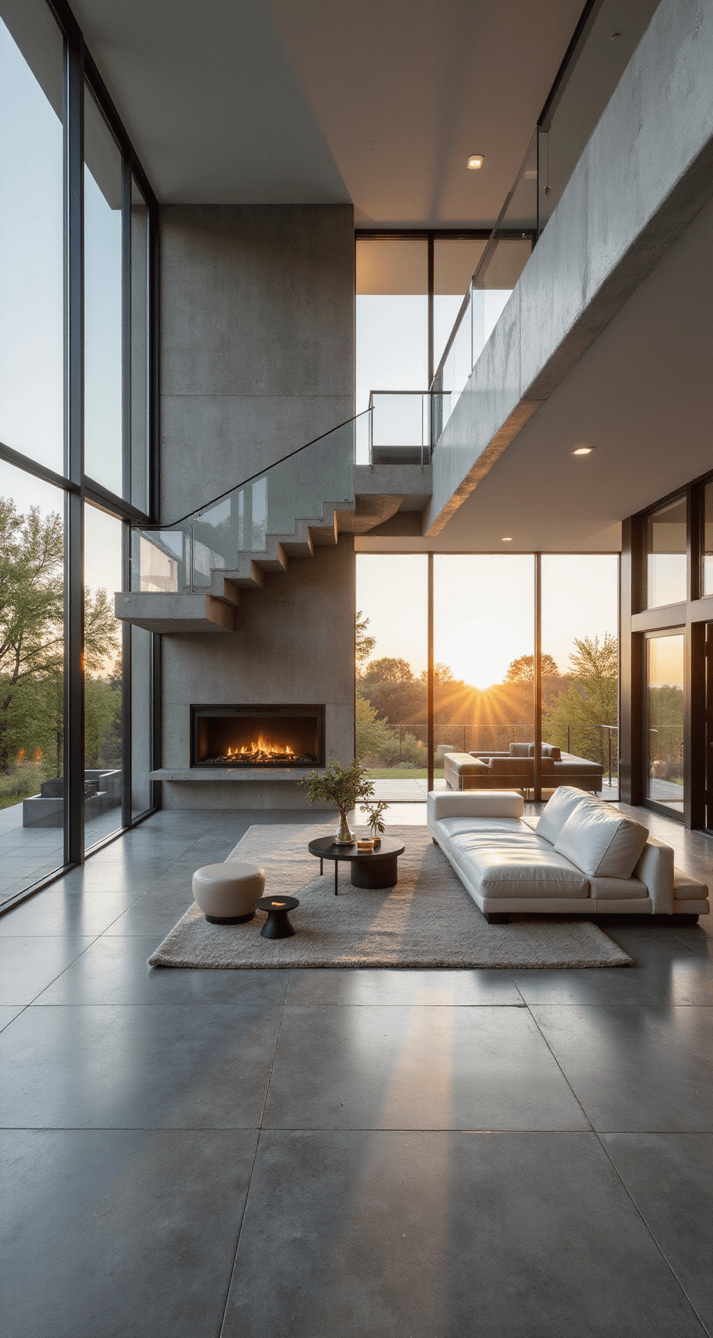 Interior of a modern Bloxburg mansion featuring an expansive open-concept living area with high ceilings, floor-to-ceiling windows, and a sleek white leather sectional facing a floating fireplace, accented by minimalist decor and polished concrete floors reflecting warm sunlight.