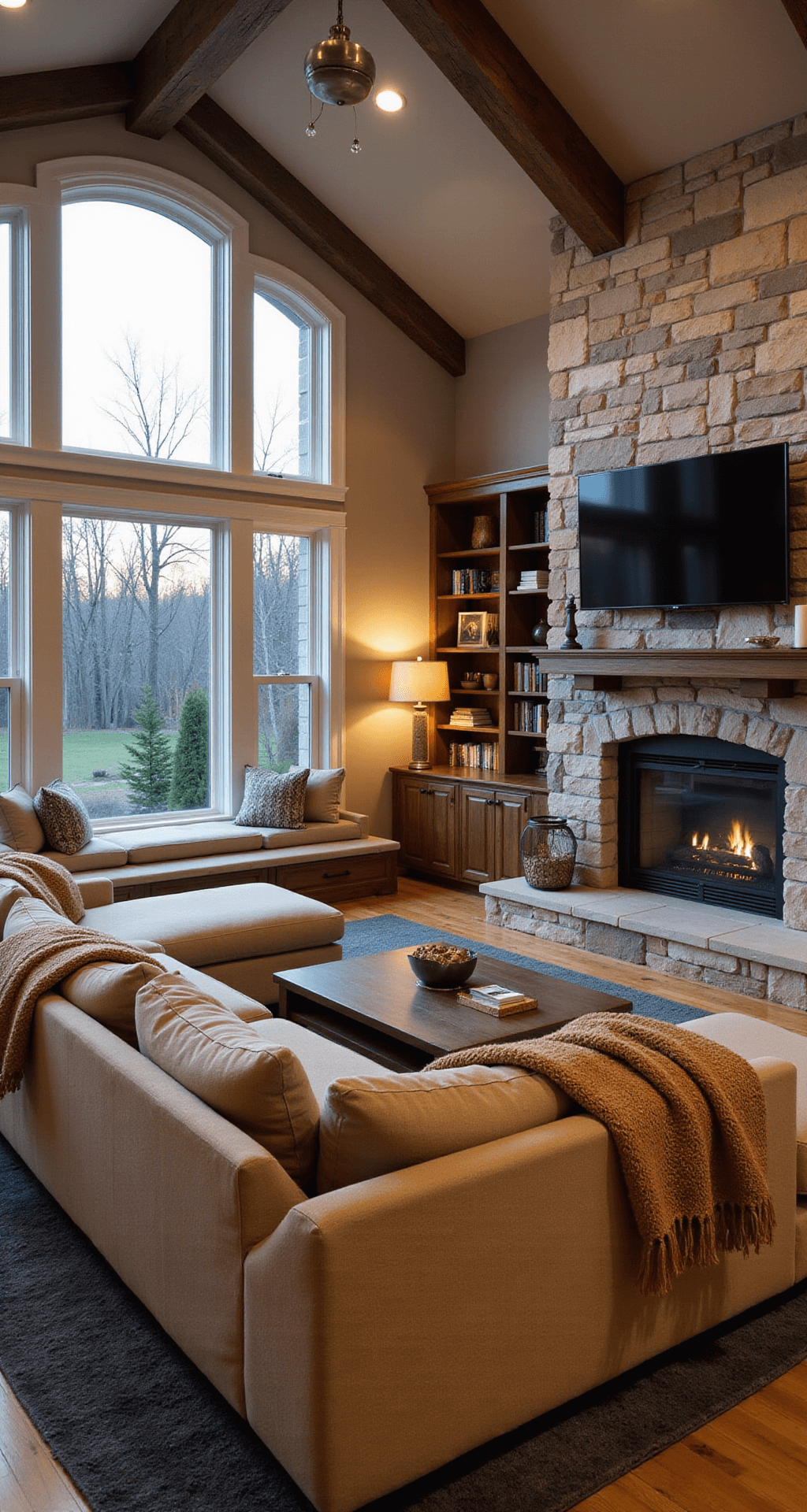 Cozy family room in a Bloxburg mini-mansion featuring a large bay window with a window seat, an overstuffed beige sectional facing a stone fireplace with a mounted TV, built-in bookshelves, and soft, warm lighting, exuding comfort and family togetherness.