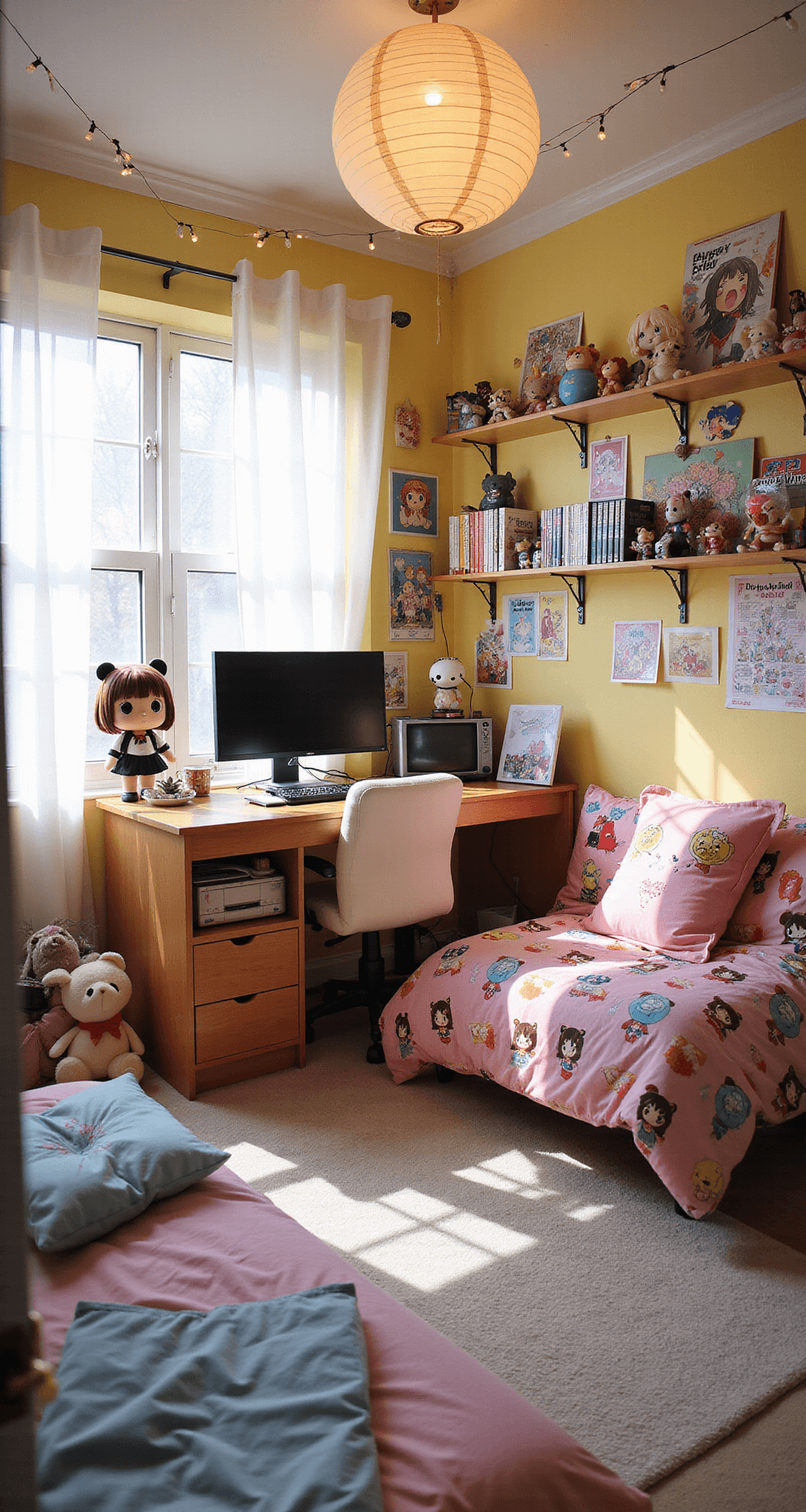 A cozy otaku bedroom featuring pastel yellow walls adorned with anime posters, a dual monitor gaming desk surrounded by figurines, a futon with kawaii-themed bedding, and shelves filled with manga. Soft afternoon light and whimsical string lights create a dreamy atmosphere.