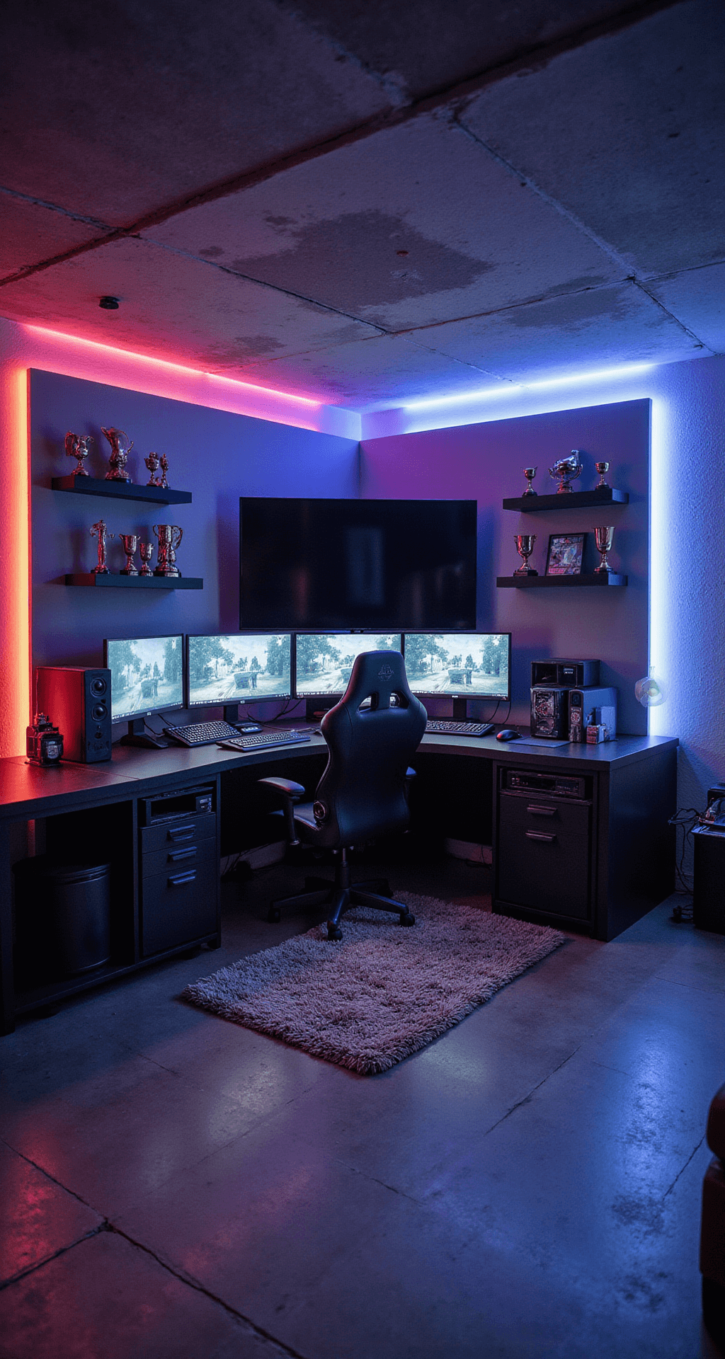 An expansive basement gaming arena, featuring RGB light panels, a massive curved desk for dual PC setups, sleek black leather gaming chairs, a floor-to-ceiling screen, trophy shelves, and plush geometric-patterned rugs, all under dramatic lighting.