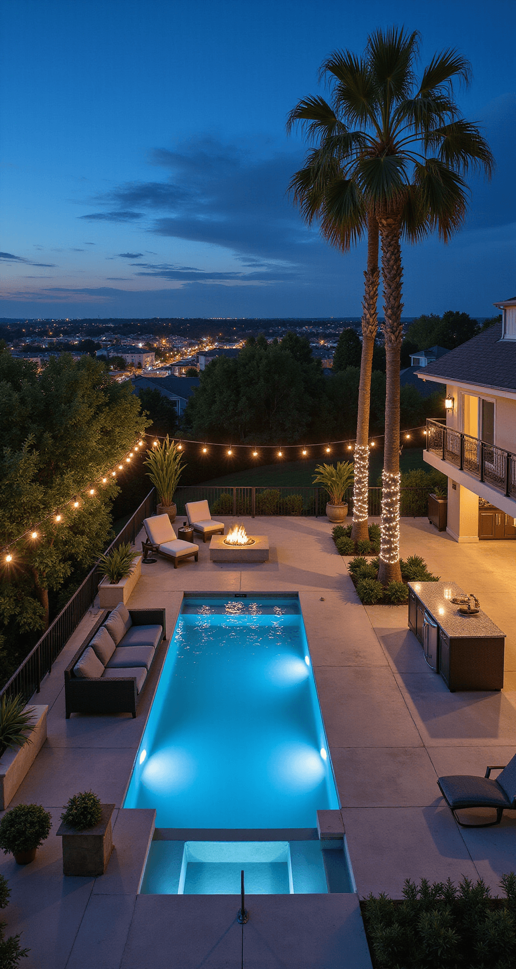 Luxurious outdoor living space at twilight featuring an expansive patio with an infinity edge pool overlooking a virtual cityscape, modern gray sectional around a fire pit, white lounge chairs, a fully-equipped outdoor kitchen, lush tropical plants, and string lights above, viewed from a second-story balcony.