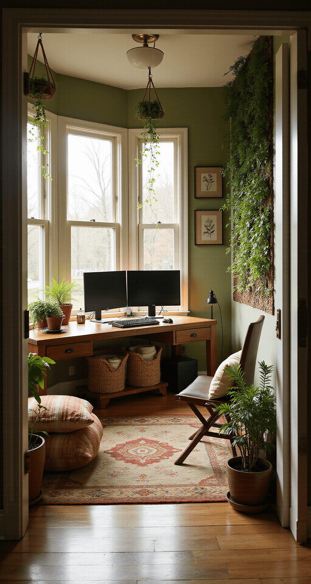 A cozy 14x14 ft sunroom transformed into a nature-inspired gaming retreat, featuring a reclaimed wood desk with a compact gaming setup, large bay windows letting in golden hour sunlight, trailing plants in macramé hangers, a papasan chair in a reading nook, and soothing sage green walls decorated with botanical prints and a living wall of ferns.