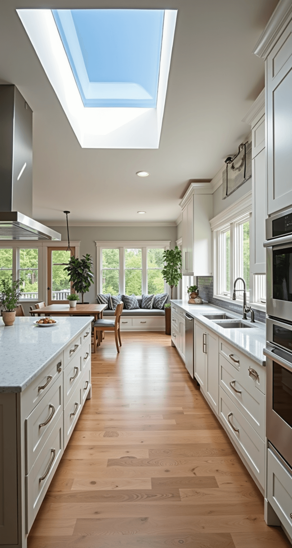 Gourmet kitchen in a spacious Bloxburg big house, featuring white shaker cabinets, quartz countertops, and a large center island, illuminated by natural light from a skylight, with high-end appliances and a cozy breakfast nook.